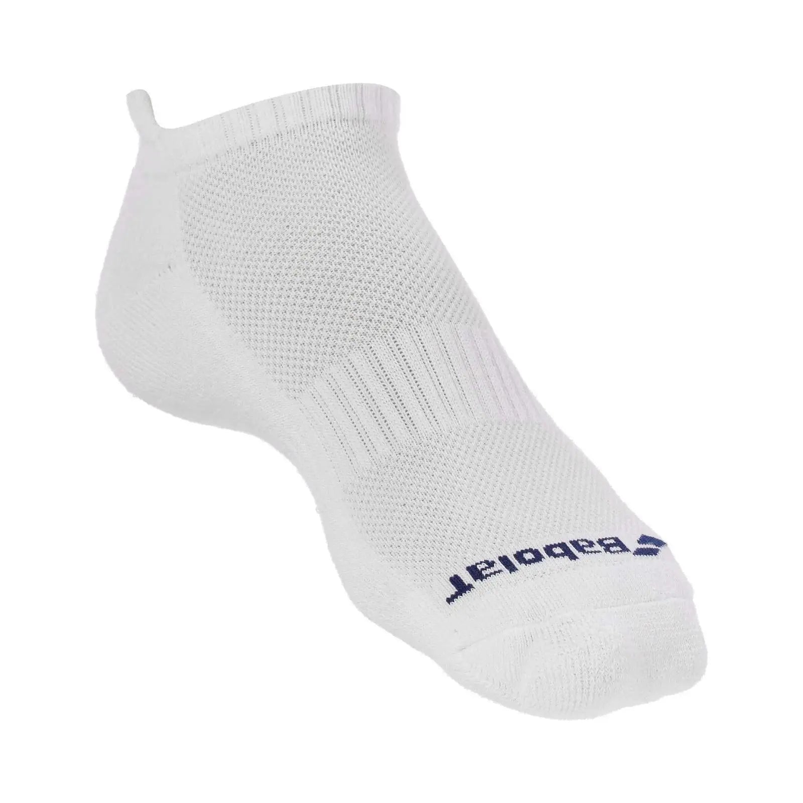 White Babolat invisible sock with blue logo, ventilated top, and elastic arch band.