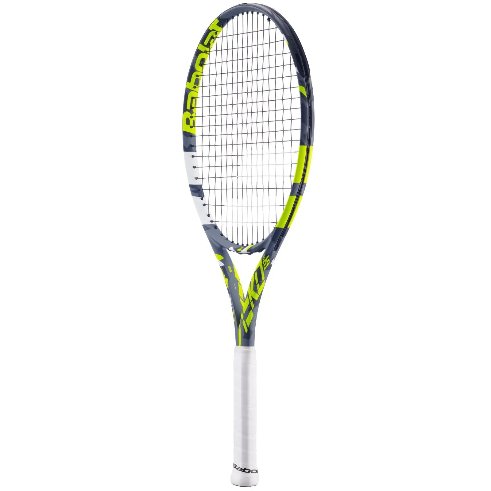 Babolat Aero Junior 25 tennis racquet with dark grey, bright yellow, and white design, white grip.