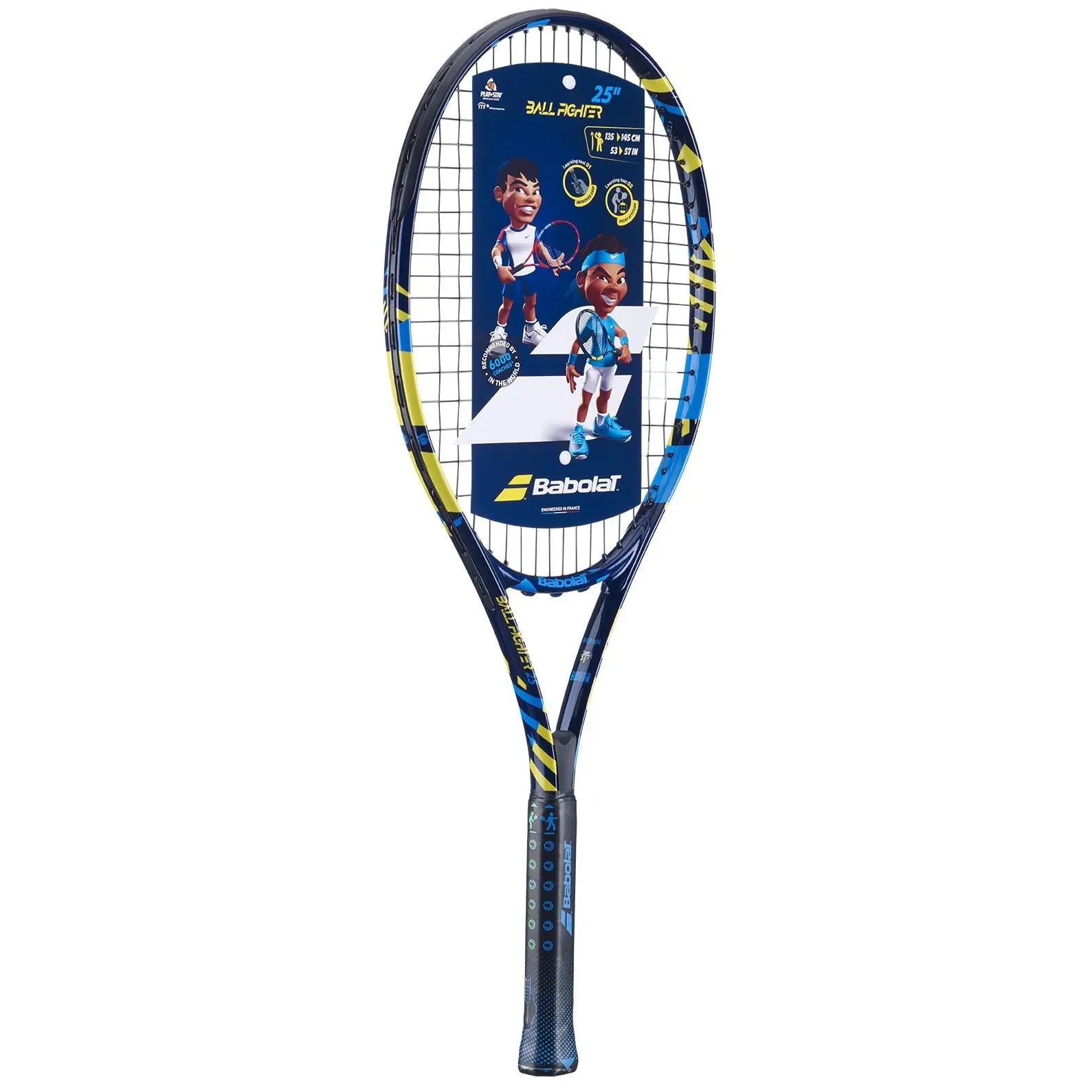 Babolat Ballfighter 25 junior tennis racquet, blue and yellow design, with product tag.