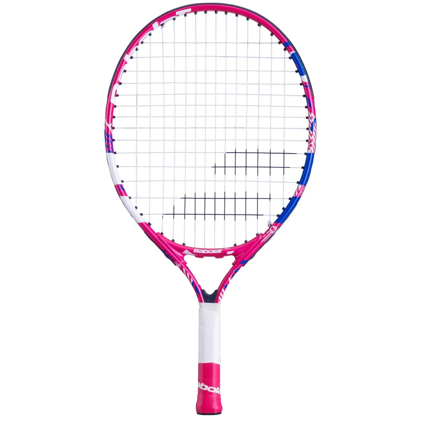 Pink and white Babolat B'Fly 19 junior tennis racquet with blue accents and white grip.