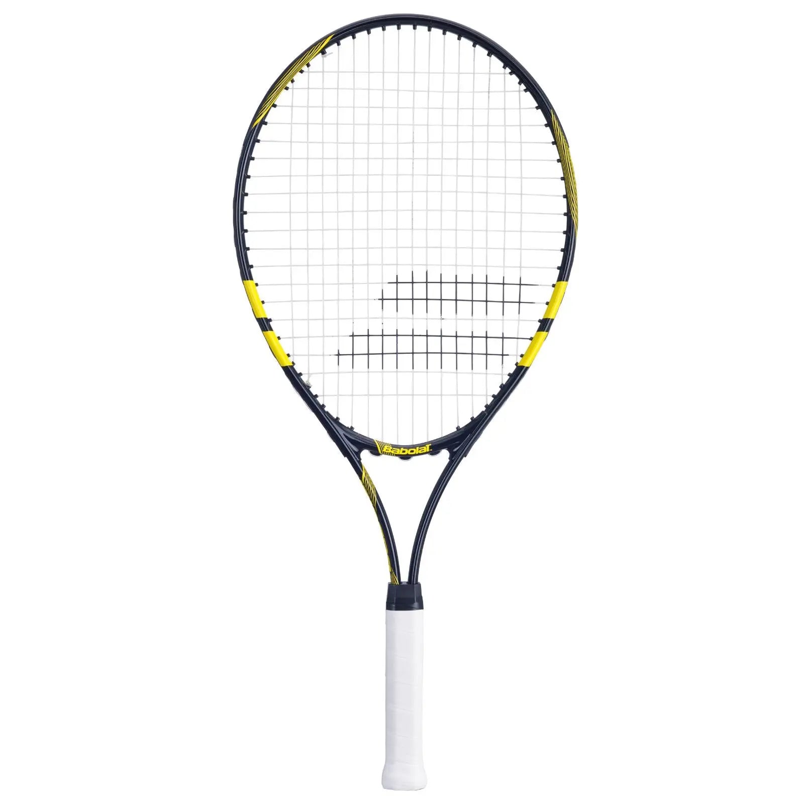 Babolat Comet Junior 25 tennis racquet, black with yellow accents, white grip, and white strings.