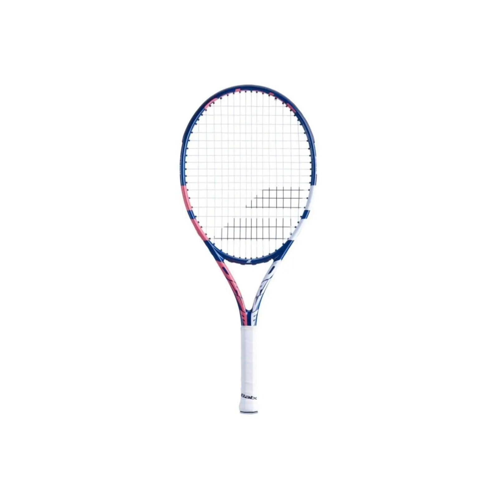 Babolat Drive Junior 25 tennis racquet in blue, pink, and white with a white grip.