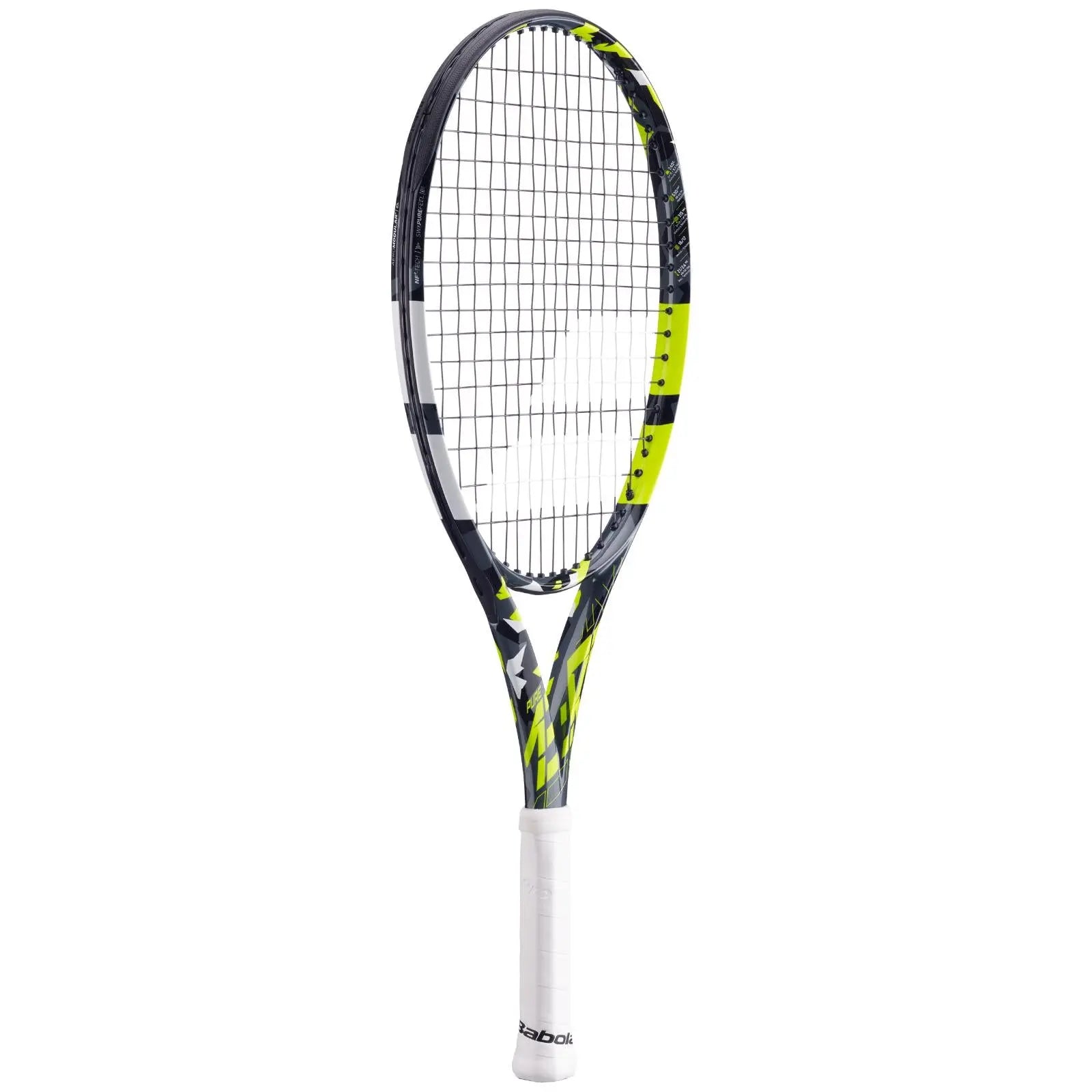 Babolat Pure Aero Junior 25 tennis racquet, black, yellow, and white with white grip.