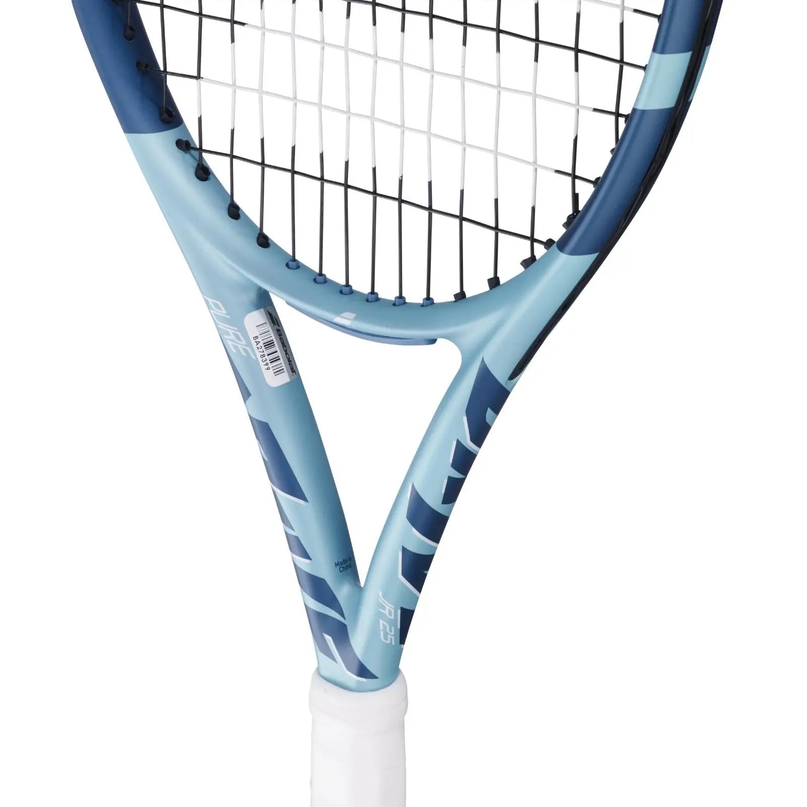 Babolat Pure Drive Jr 25 tennis racquet in lite blue with white grip and black/white strings.