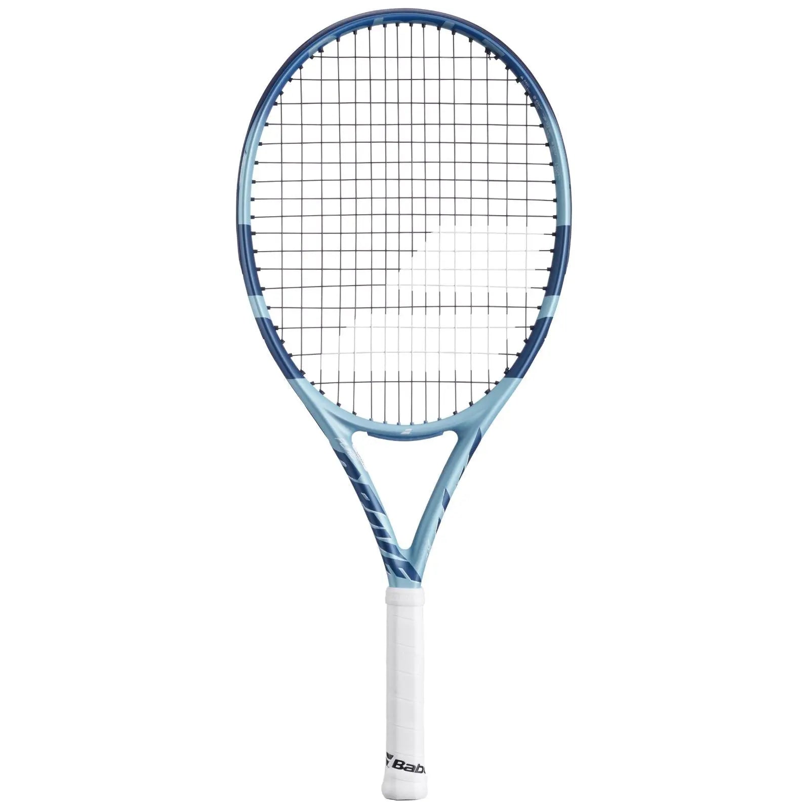 Babolat Pure Drive Jr 25 tennis racquet in lite blue with dark blue stripes and a white grip.