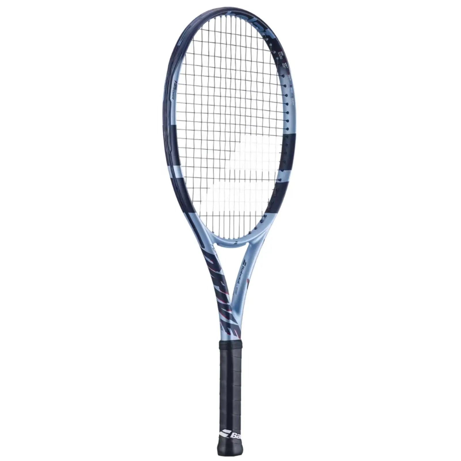 Babolat Pure Drive Junior 26 tennis racquet, light blue and dark blue with black grip.