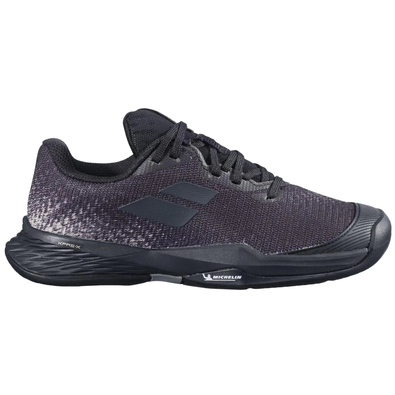Babolat Jet Mach 3 Jr All Court tennis shoe in black with textured upper and Michelin outsole.