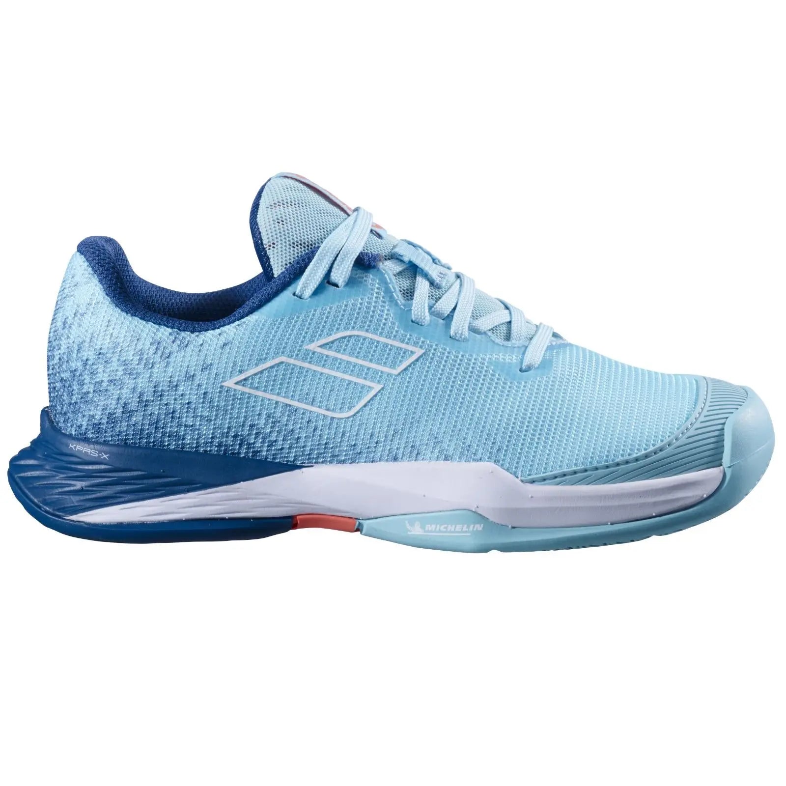 Babolat Junior Jet Mach 3 Clay Court tennis shoe in light blue with white logo, Michelin sole, and KPRS-X cushioning.