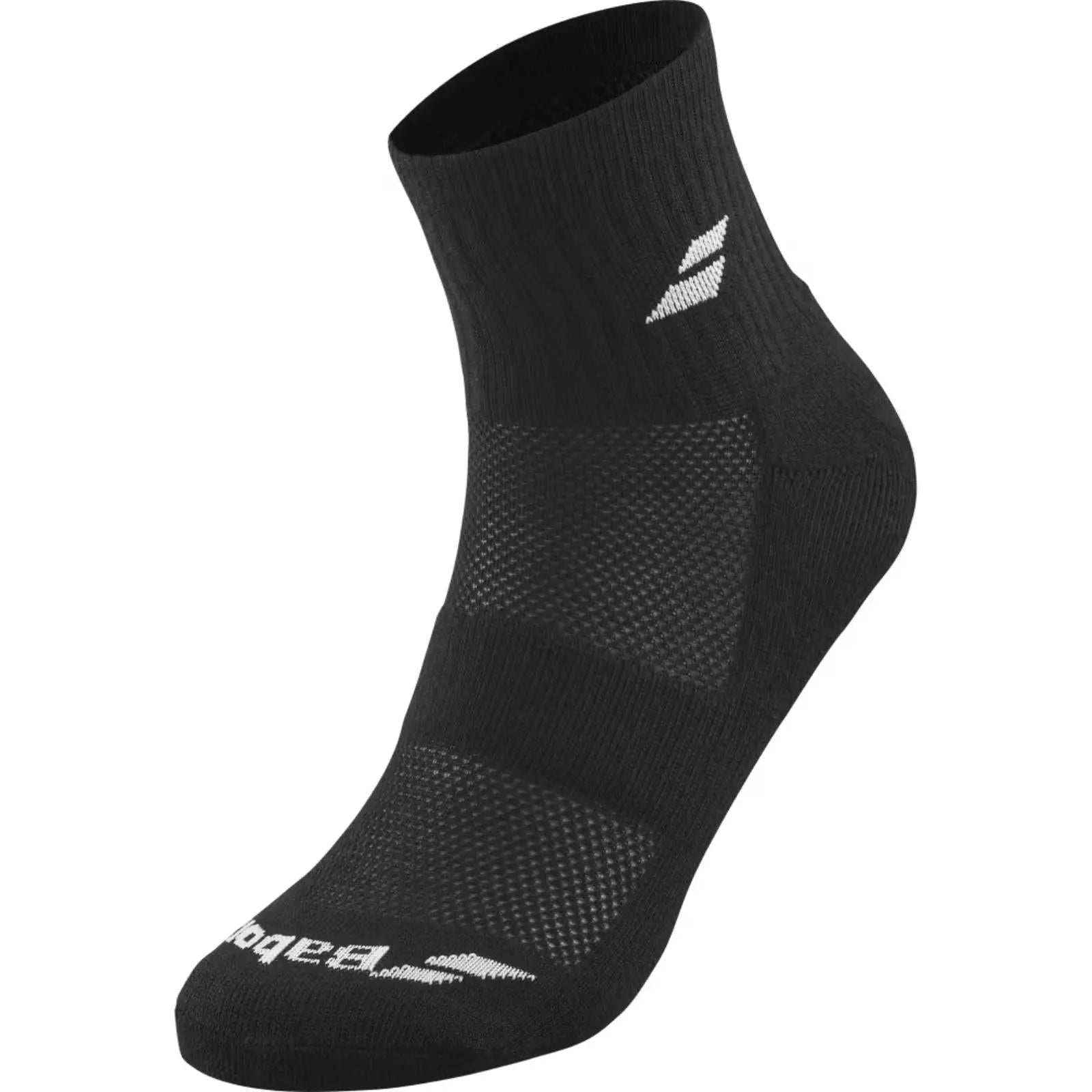 Black Babolat quarter sock with white logo, ventilated zones, and arch support band.