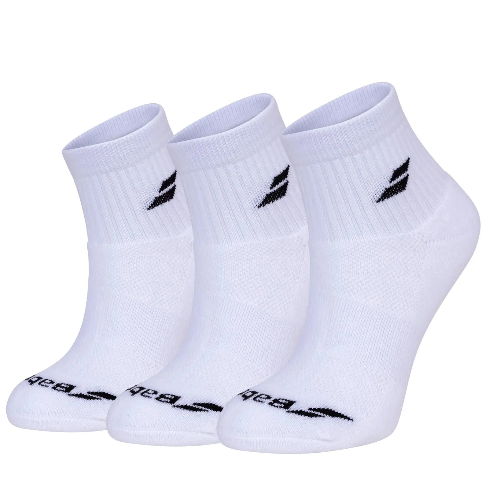 Three white Babolat quarter socks with black logos, ribbed cuffs, and ventilated zones.