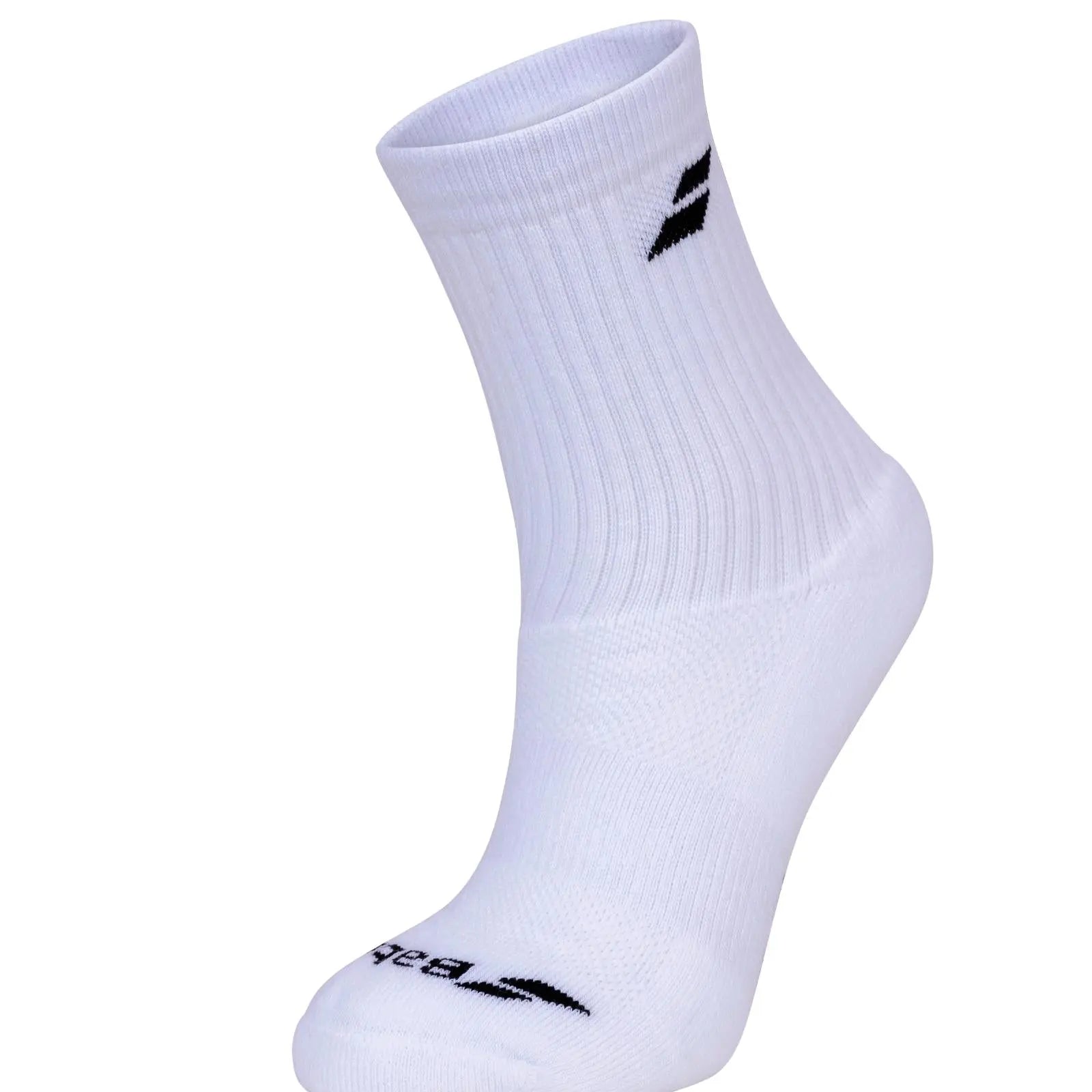 White Babolat long sock with black logo, ribbed cuff, arch support, and ventilated zones.