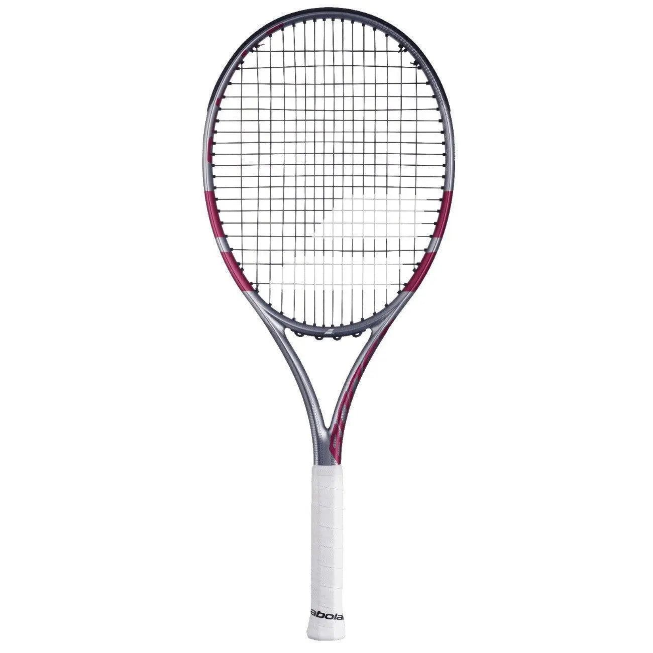 Babolat Boost Aero Pink tennis racquet with a grey frame, pink accents, and white grip.