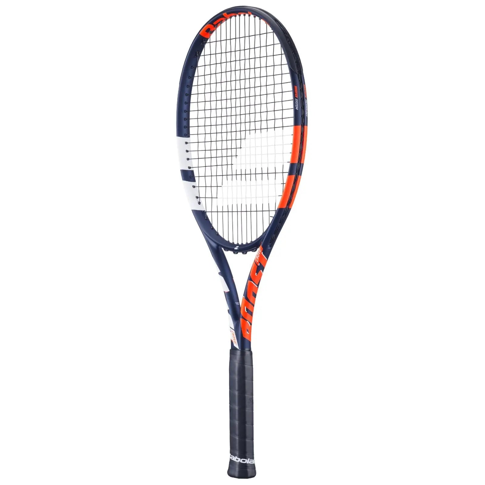 Babolat Boost Drive tennis racquet (260g) in navy, orange, and white with a black grip.