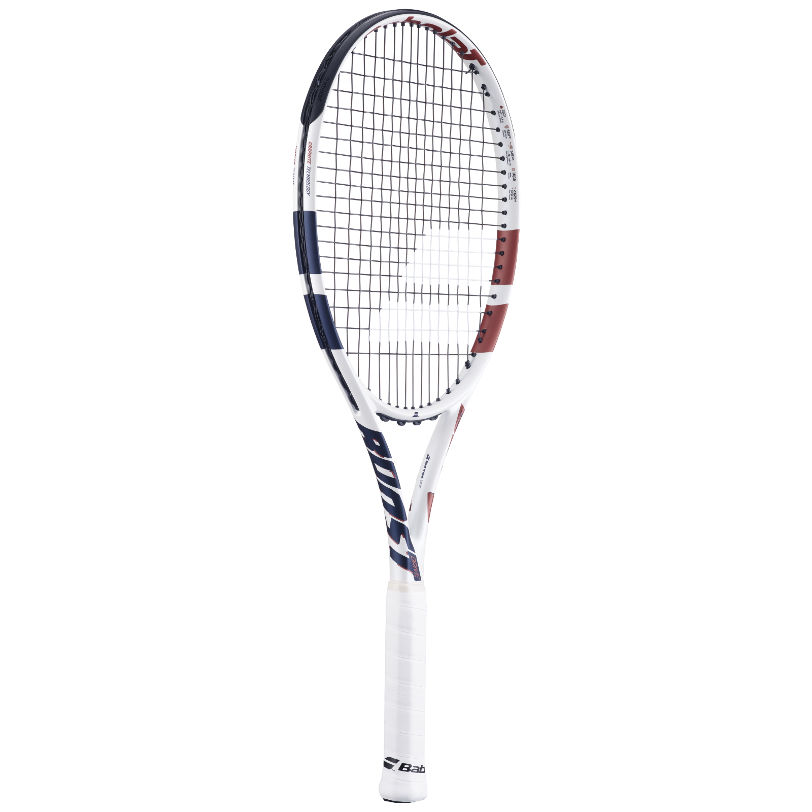 Babolat Boost Drive White tennis racquet with red and blue accents, white grip, and black strings.