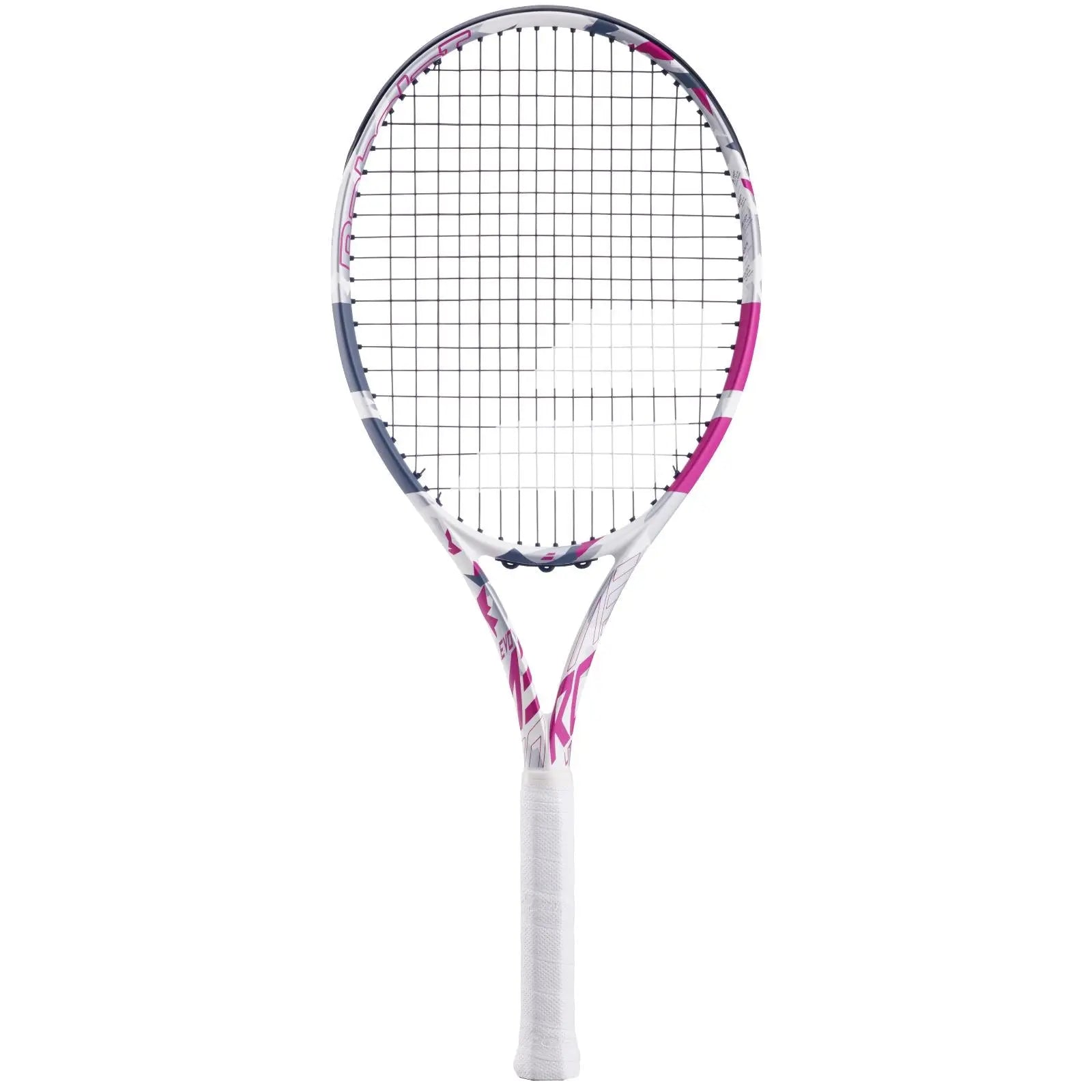 Babolat Evo Aero Lite tennis racquet in white and pink, with a white grip and black strings.