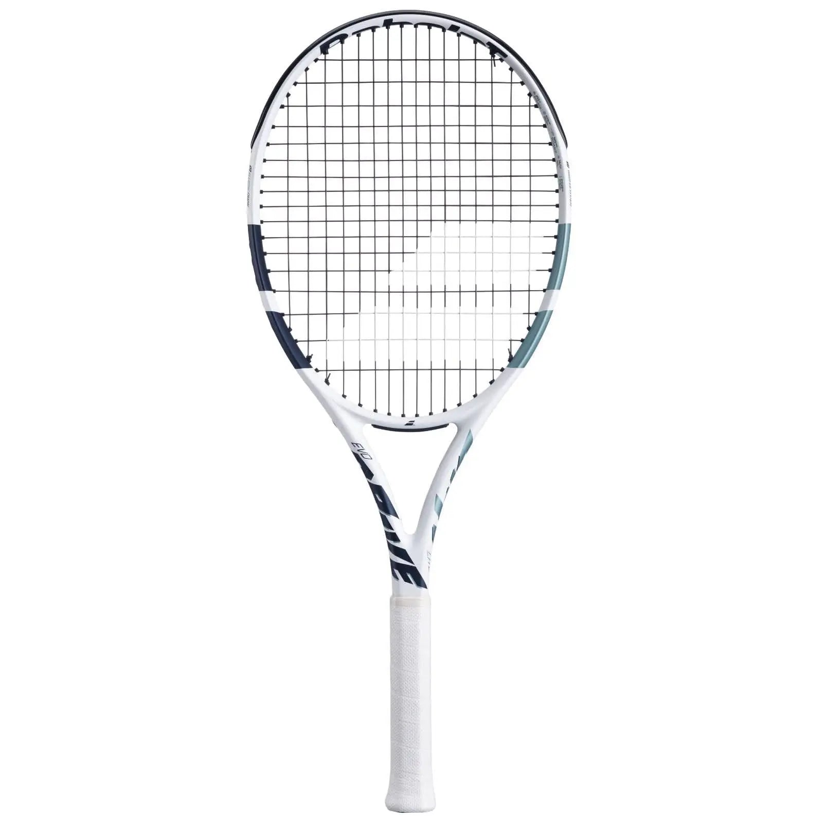 White Babolat Evo Drive Lite Gen2 tennis racquet with black strings and blue-green accents.