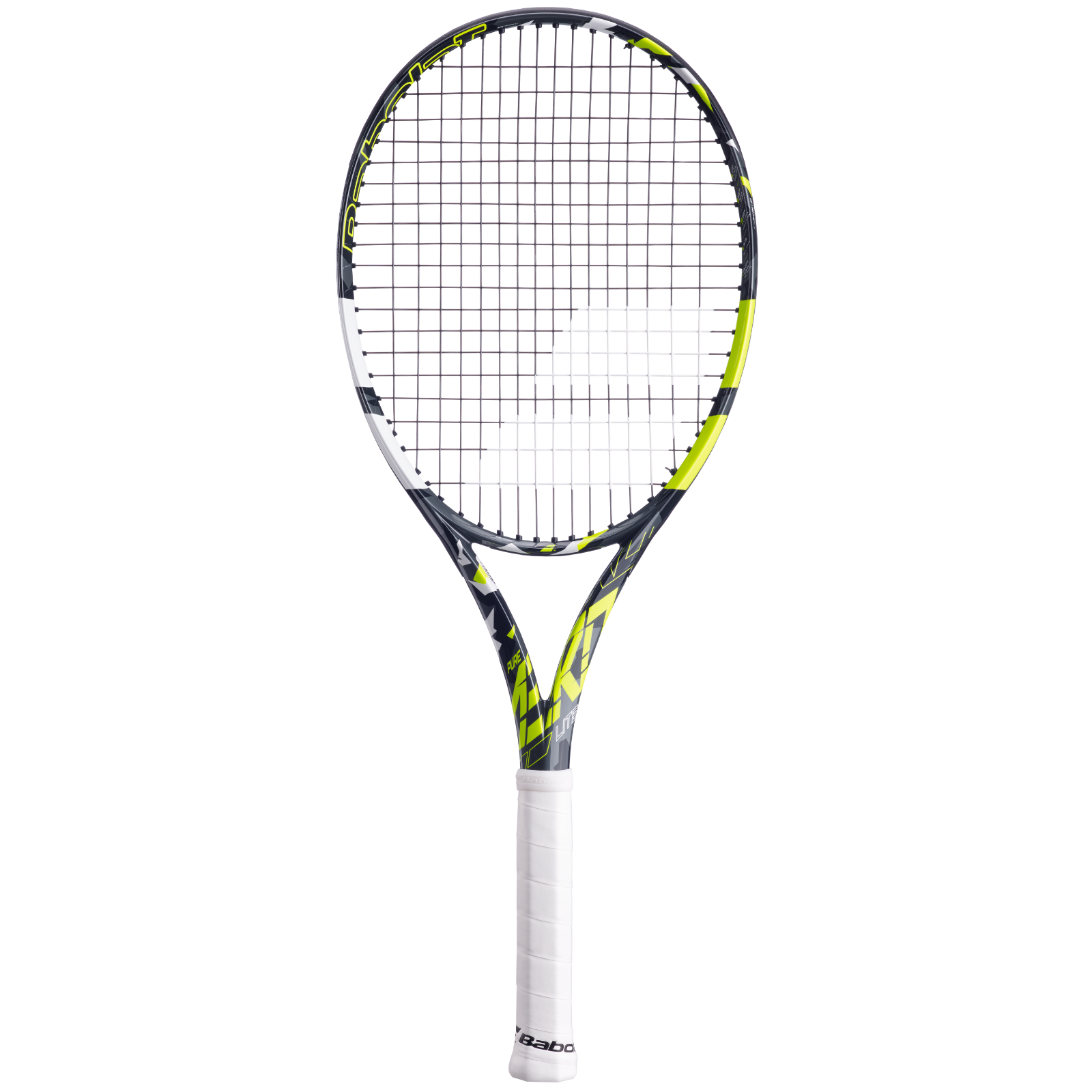 Babolat Pure Aero Lite tennis racquet with a black, yellow, and white aerodynamic frame and white grip.