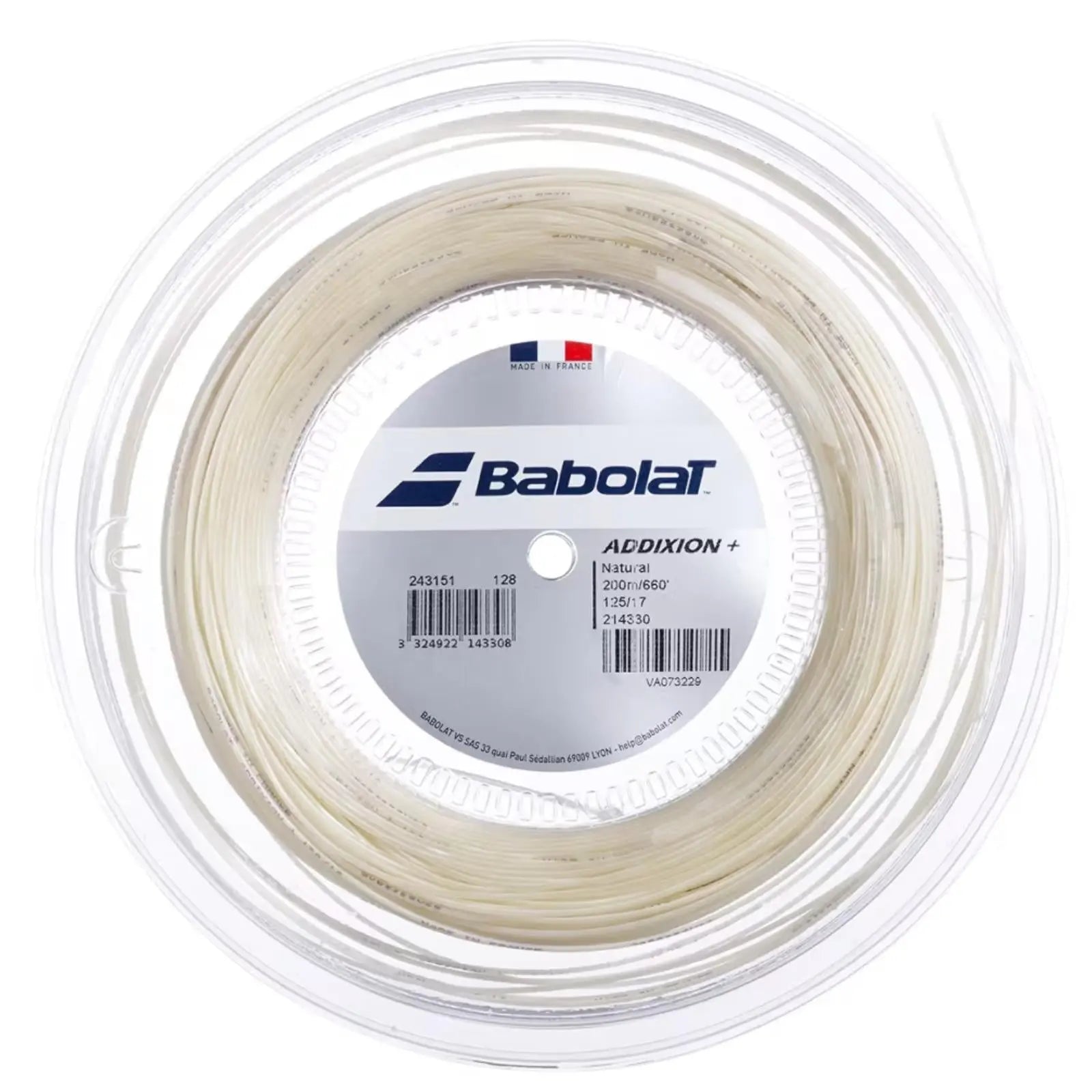 Babolat Addixion+ 200M natural tennis string, 1.25 (17) gauge, in clear round packaging.