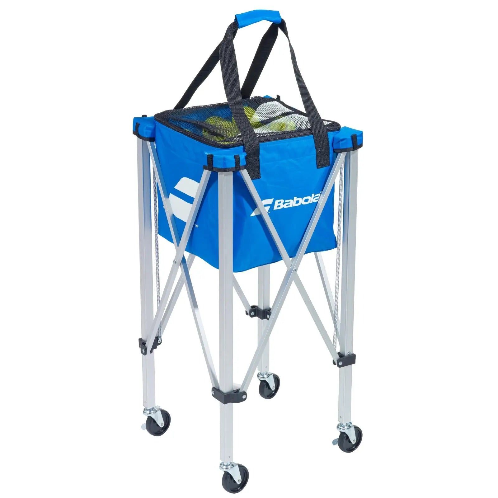 Blue Babolat wheeled ball cart with a detachable bag, holding tennis balls, on a silver foldable stand.