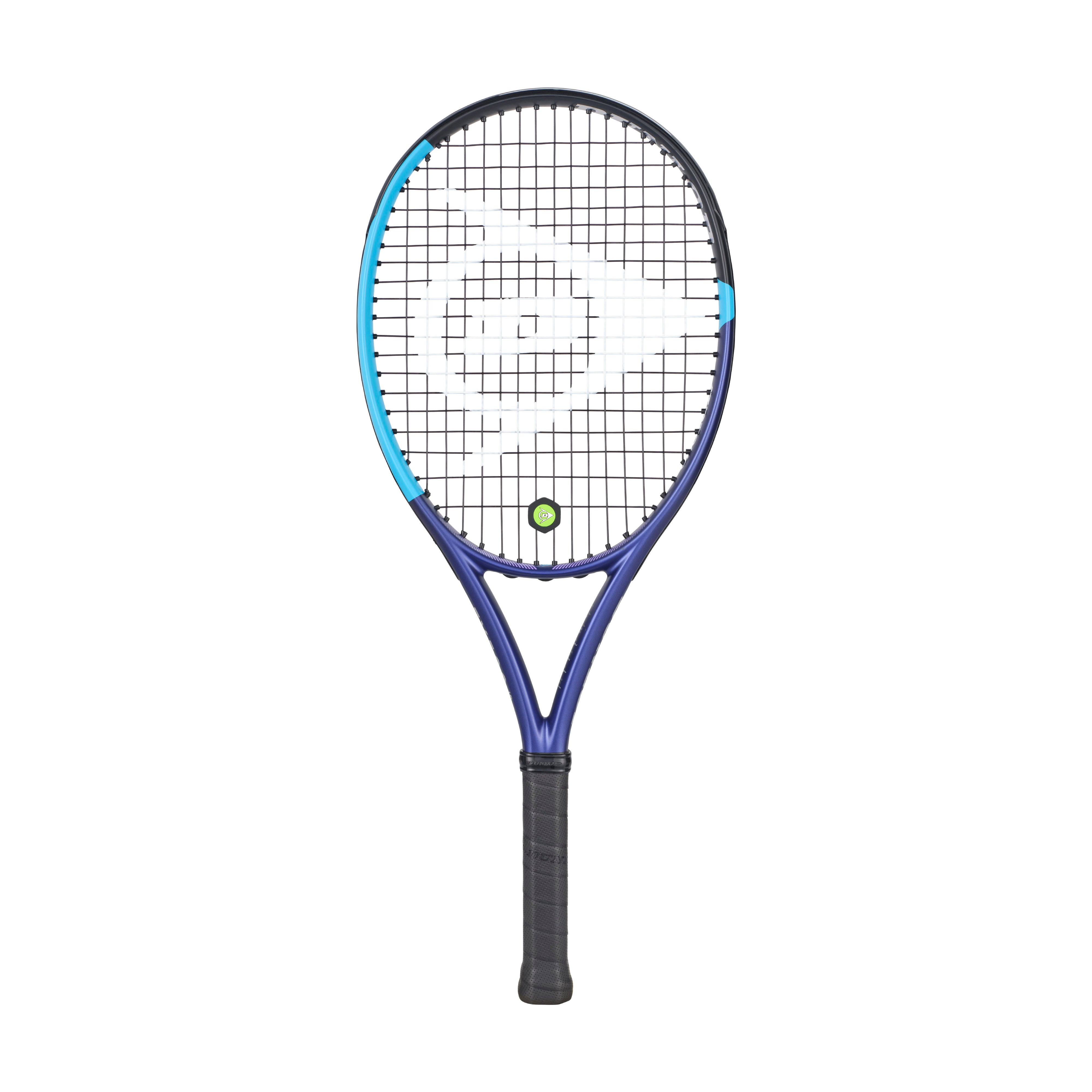 Dunlop Junior FX 500 Jnr 26 tennis racquet, blue and black frame with white strings and green logo.