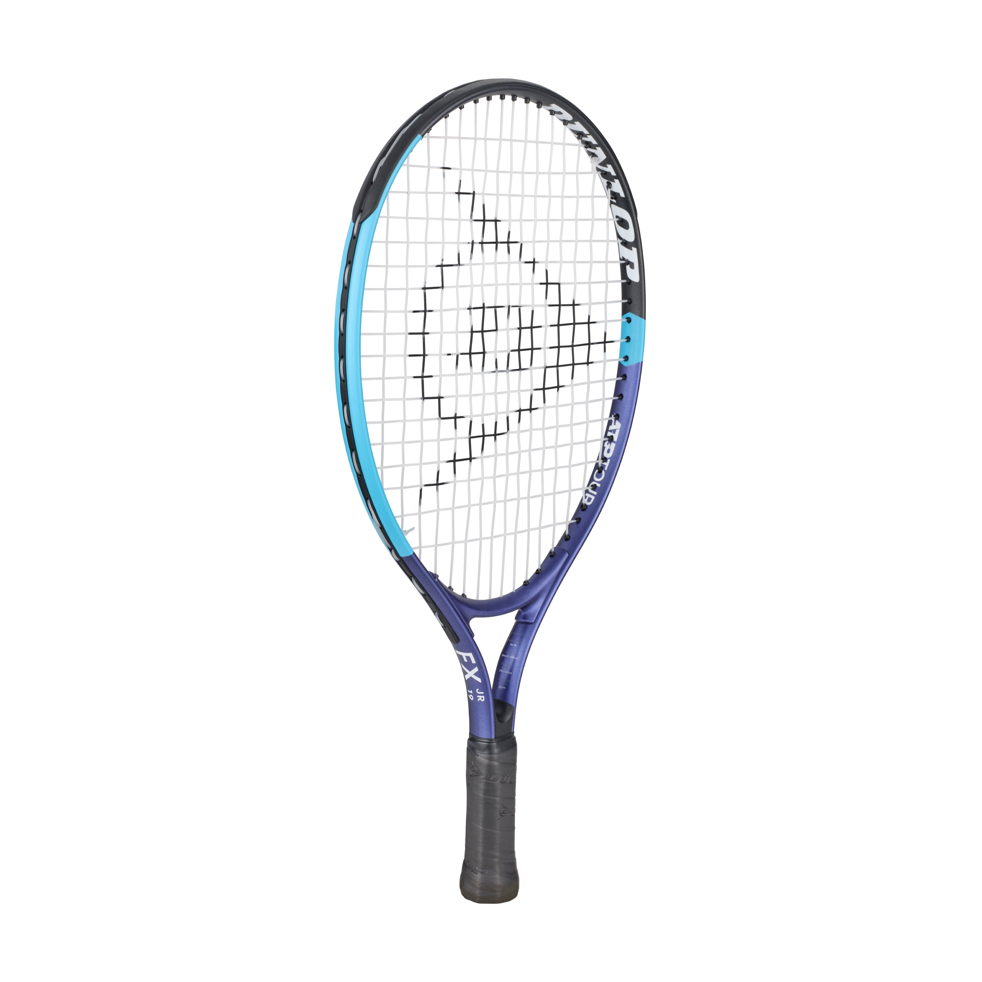 Dunlop FX Junior 19 tennis racquet, blue and purple frame, black grip, white strings.