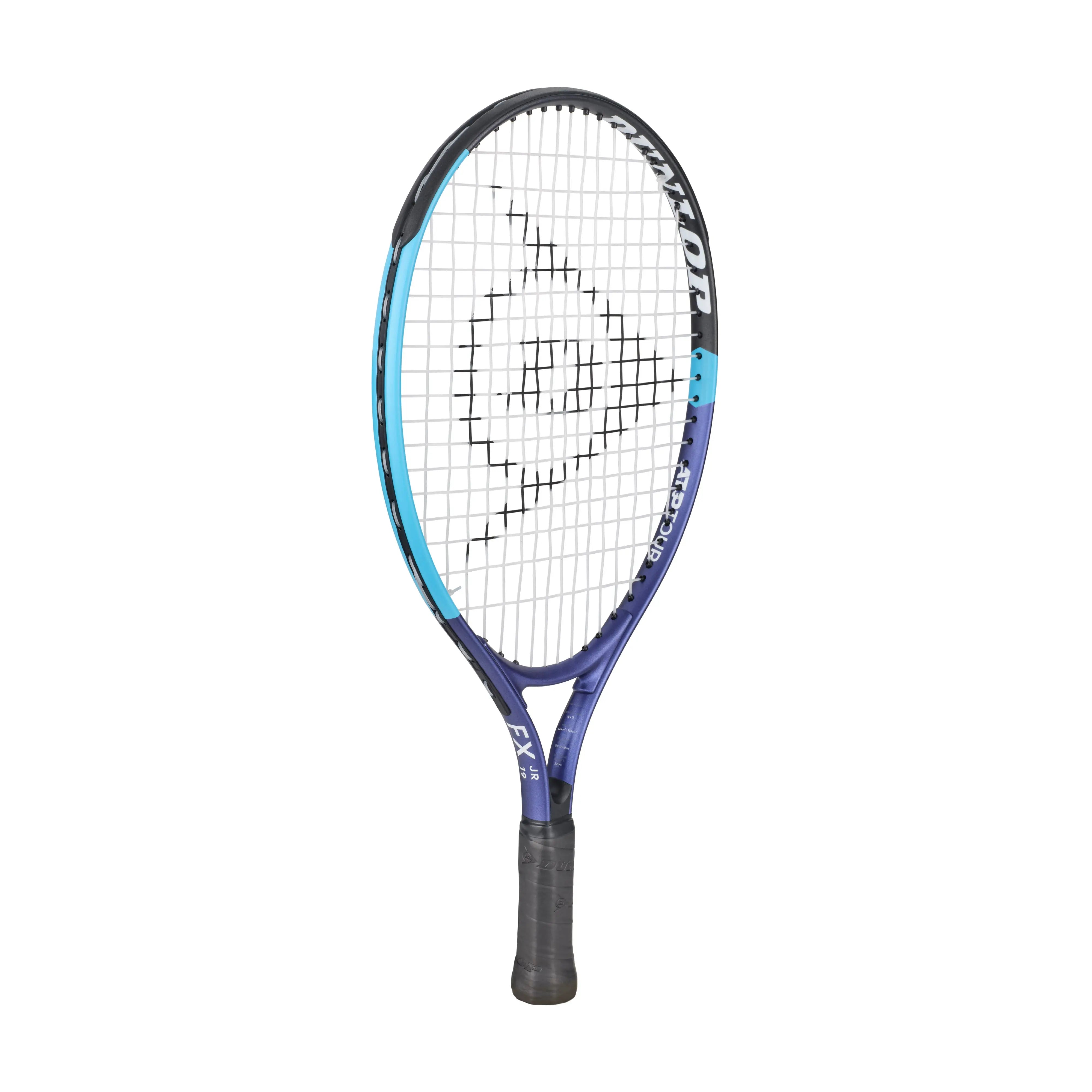 Dunlop FX Junior 19 tennis racquet, blue and purple frame, black grip, white strings.