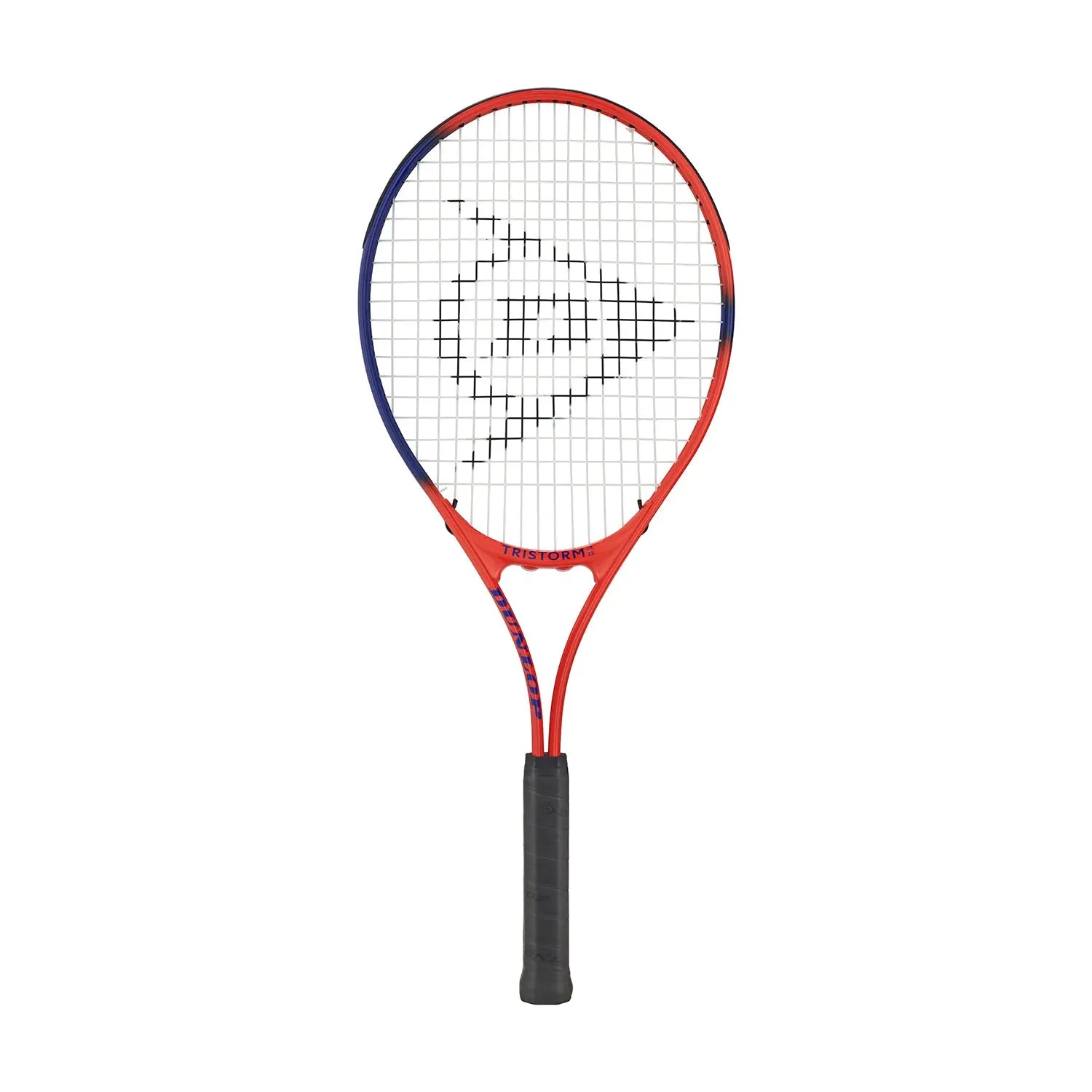 Dunlop Junior Tristorm Jnr 25 tennis racquet, red and blue frame, black grip, white strings.