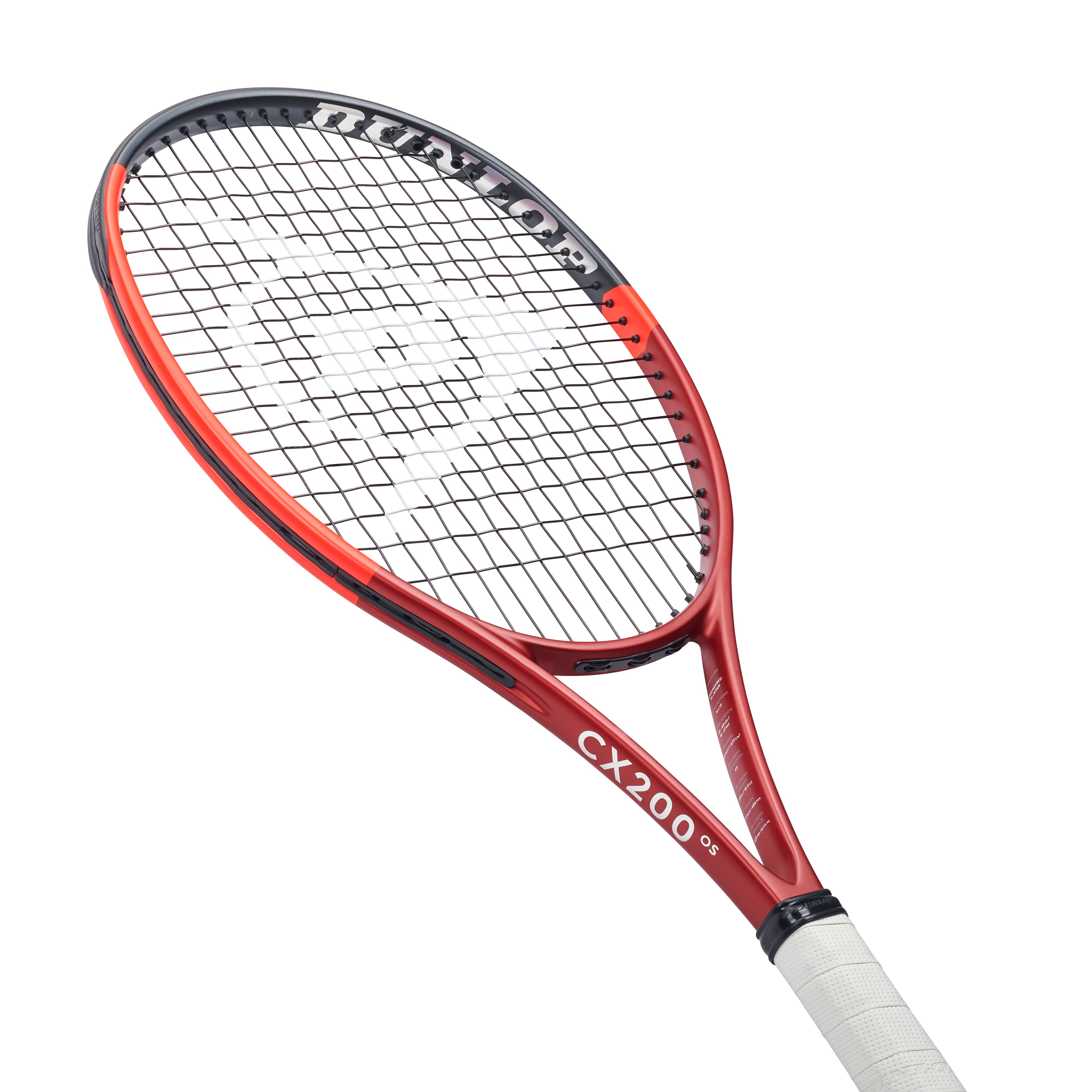 Red Dunlop CX200 OS tennis racquet with a white grip, black strings, and a white Dunlop logo.