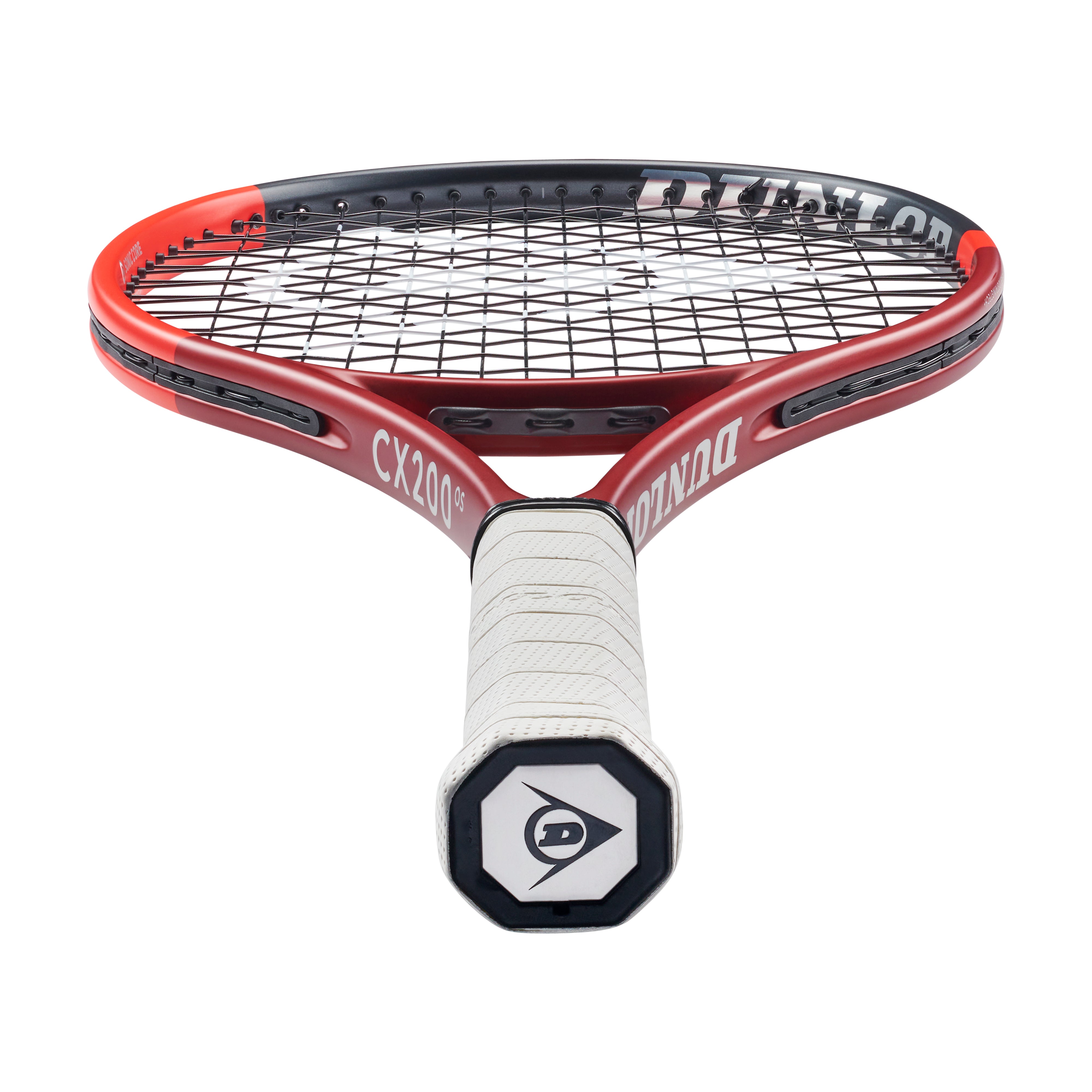 Red and black Dunlop CX200 OS tennis racquet with white grip, black strings, and a large head.