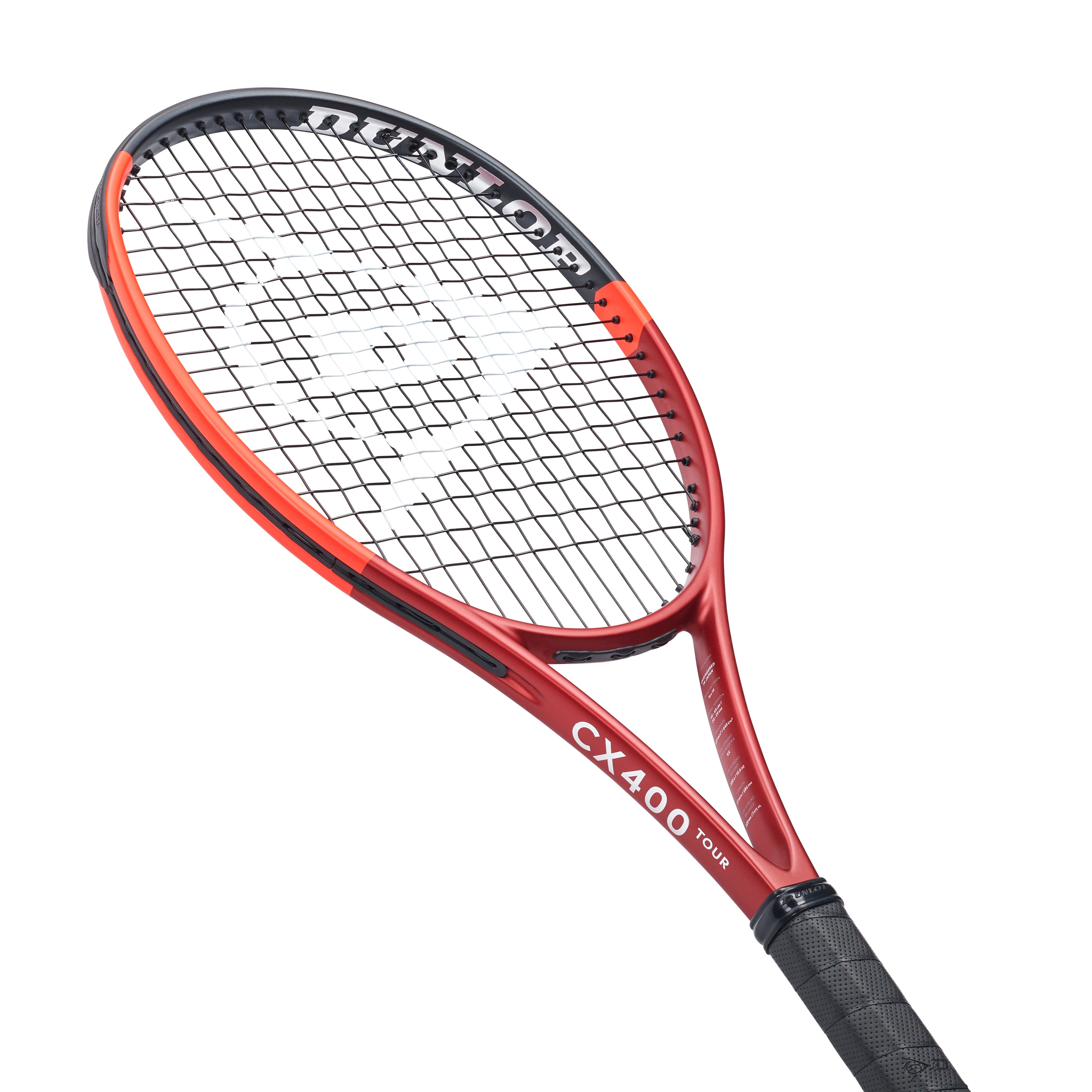Red and black Dunlop CX400 Tour tennis racquet with white strings and black grip.
