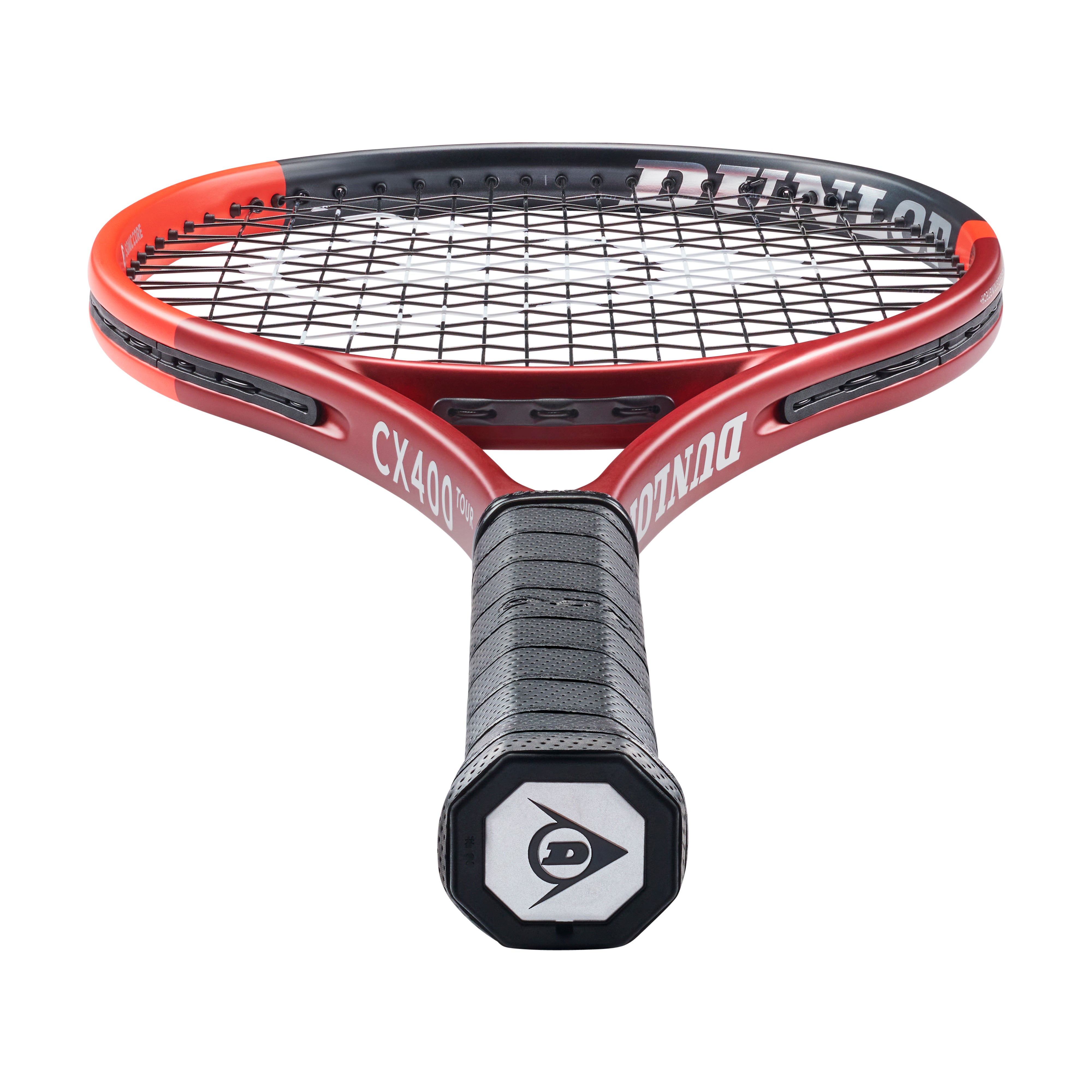 Red and black Dunlop CX400 Tour tennis racquet with a black grip, viewed from the handle.