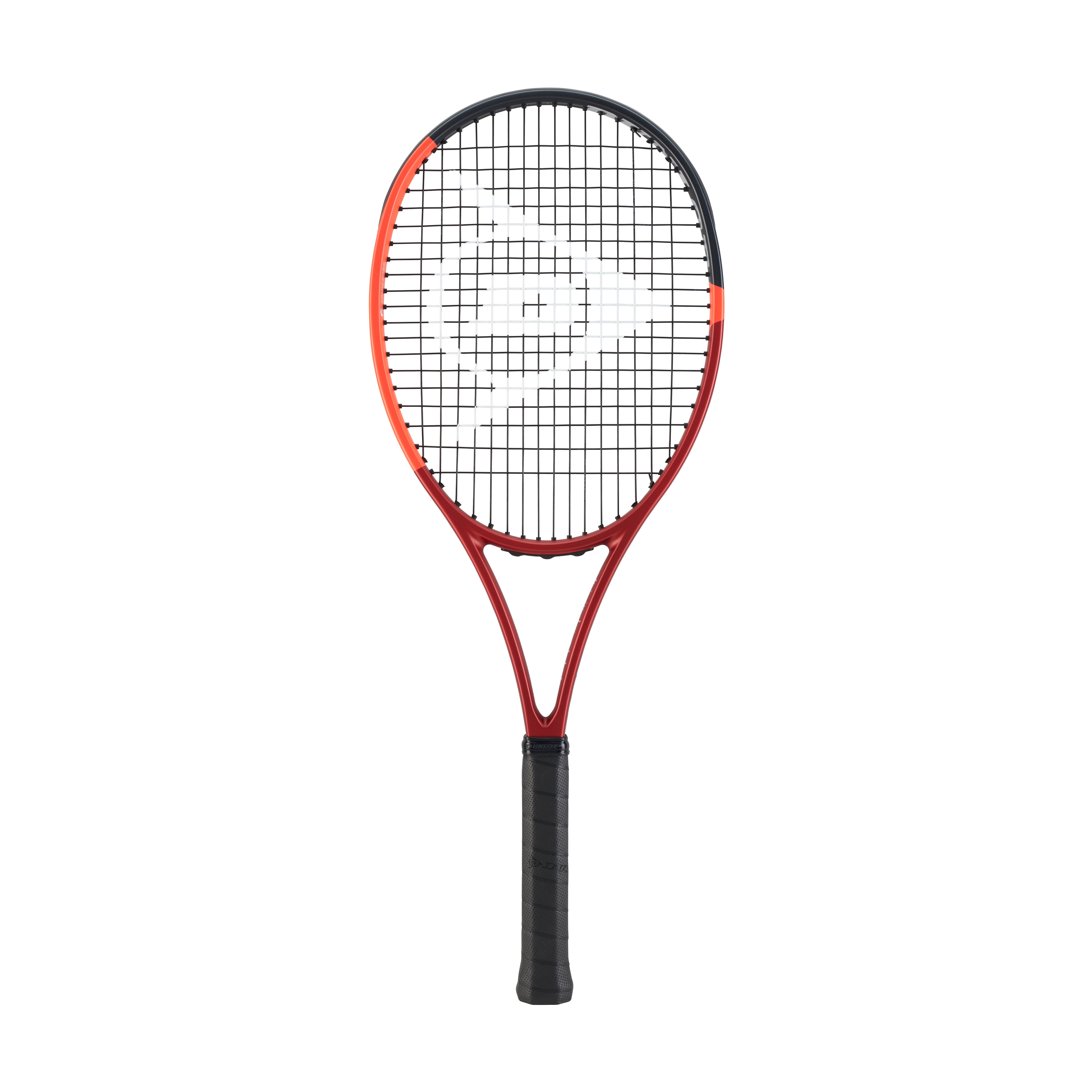 Red and black Dunlop CX400 Tour tennis racquet with white logo, black strings, and grip.