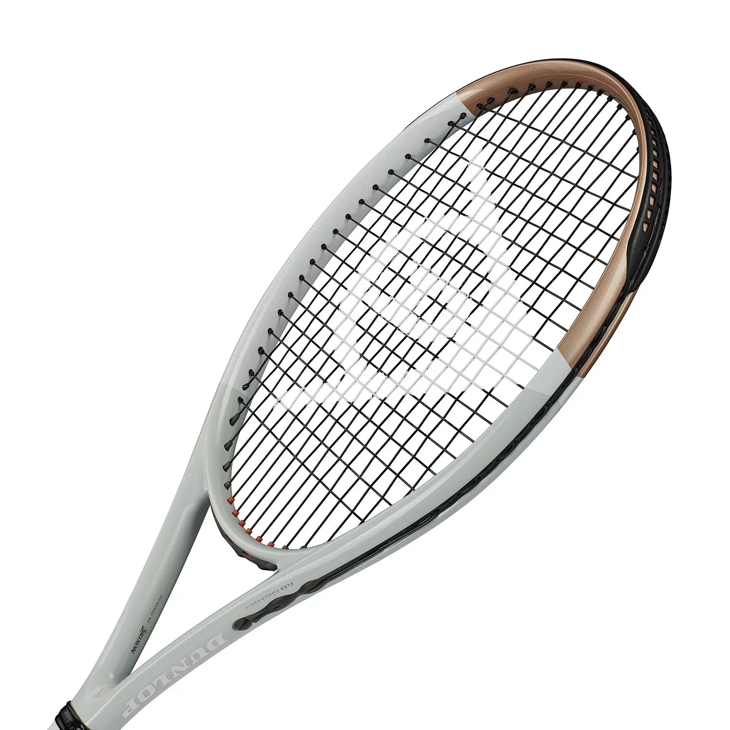 Dunlop LX800 tennis racquet with a light gray frame, bronze throat, black strings, and white Dunlop logo.