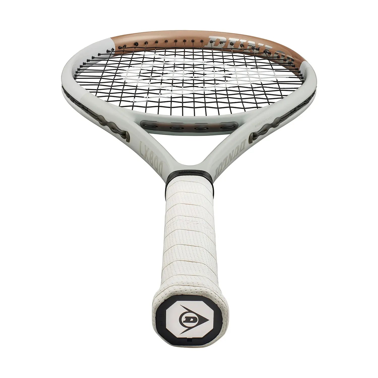 Dunlop LX800 tennis racquet with a light grey frame, brown top, white grip, and black strings.