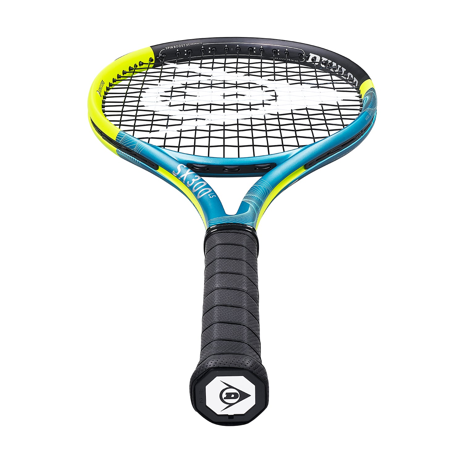 Dunlop SX300 LS tennis racquet in blue, yellow, and black with a black grip.