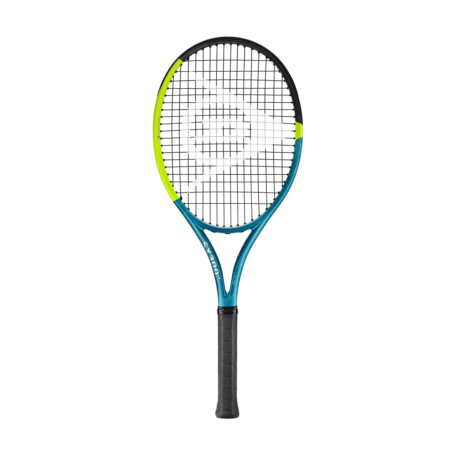 Dunlop SX300 LS tennis racquet with teal, black, and neon yellow accents, black grip, and white strings.