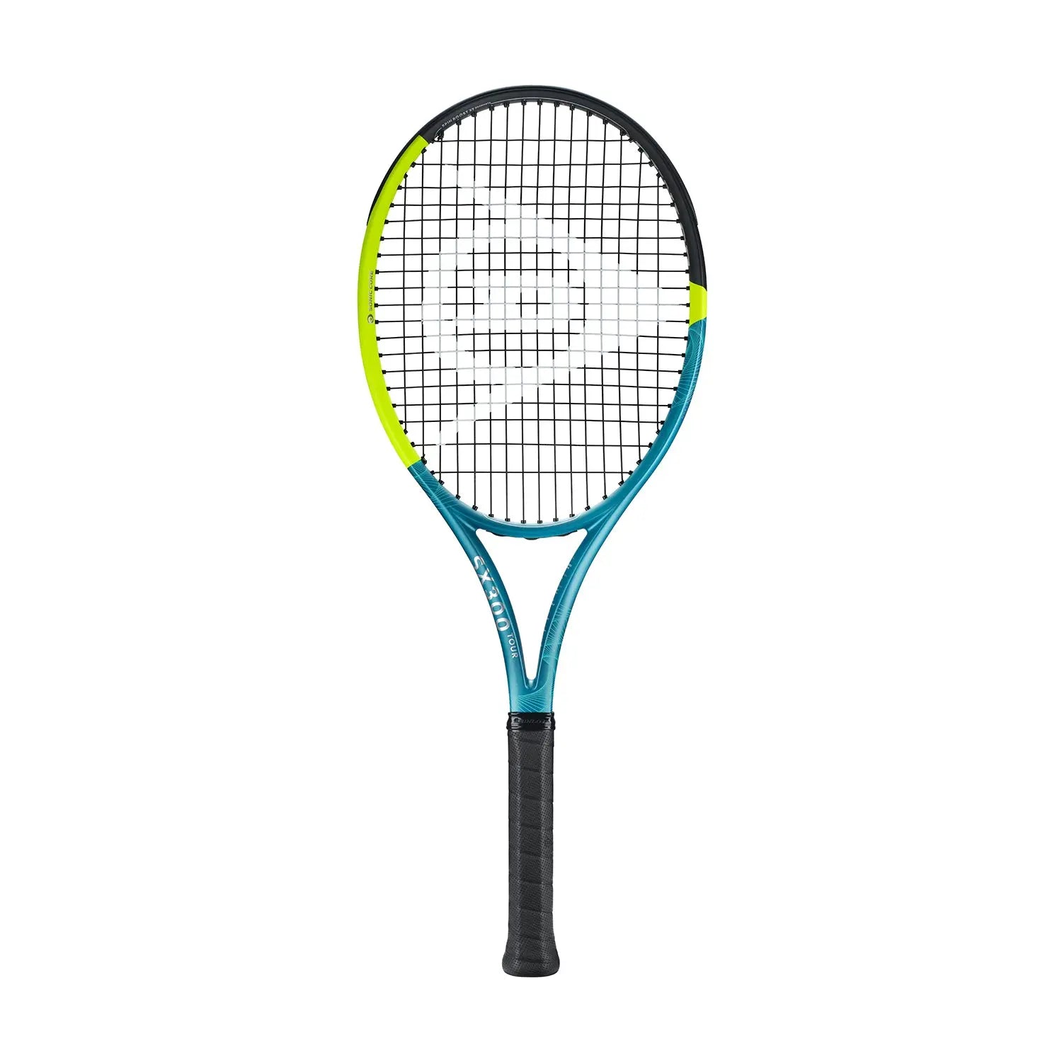Dunlop SX300 Tour tennis racquet, unstrung, with a teal, black, and neon yellow frame.