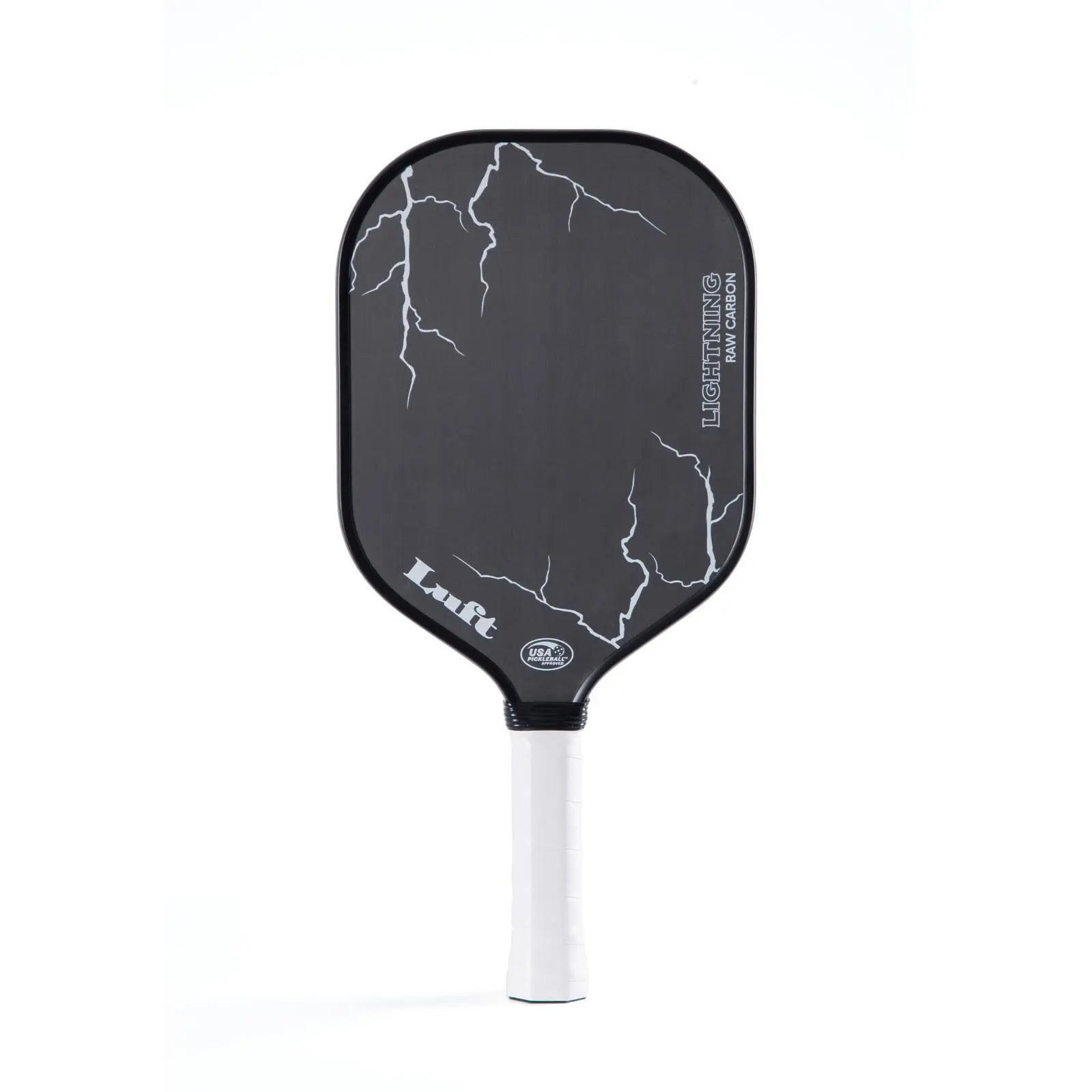 Luft Lightning 225g pickleball paddle with black raw carbon face, white lightning design, and white grip.