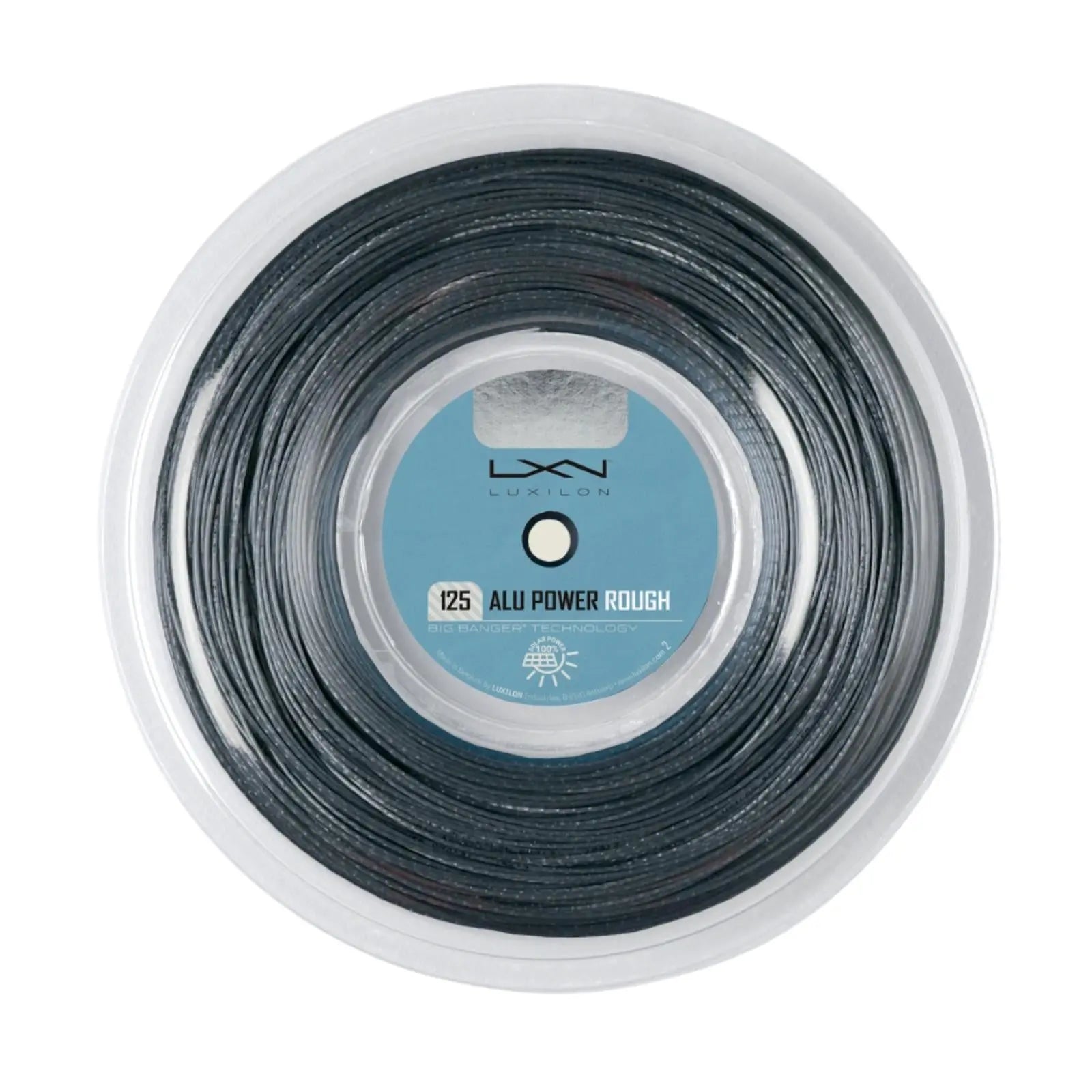 Luxilon Alu Power Rough 125 tennis string reel, dark gray textured polyester.