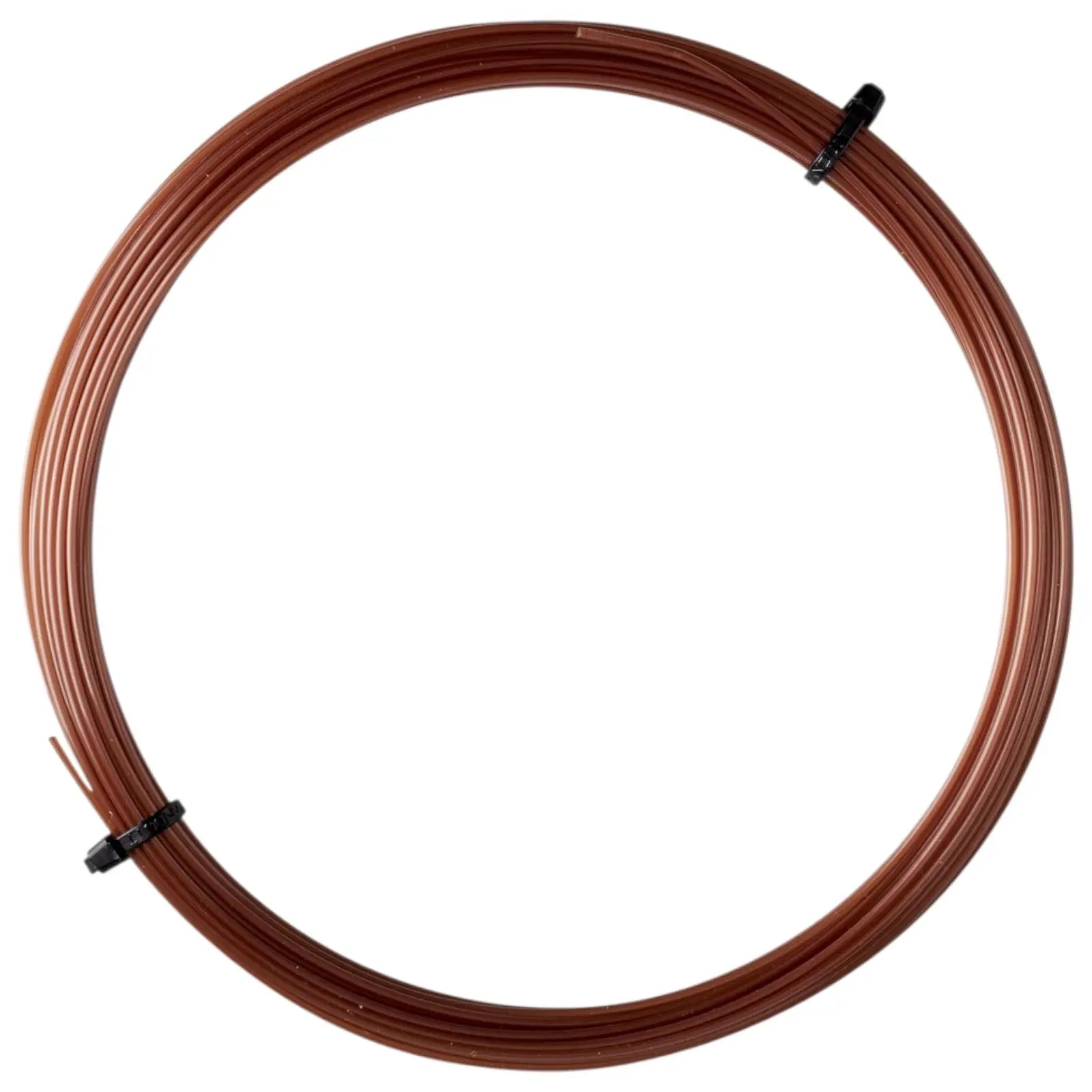 Coiled brown Luxilon Element 125 polyester tennis string set, secured with black ties.