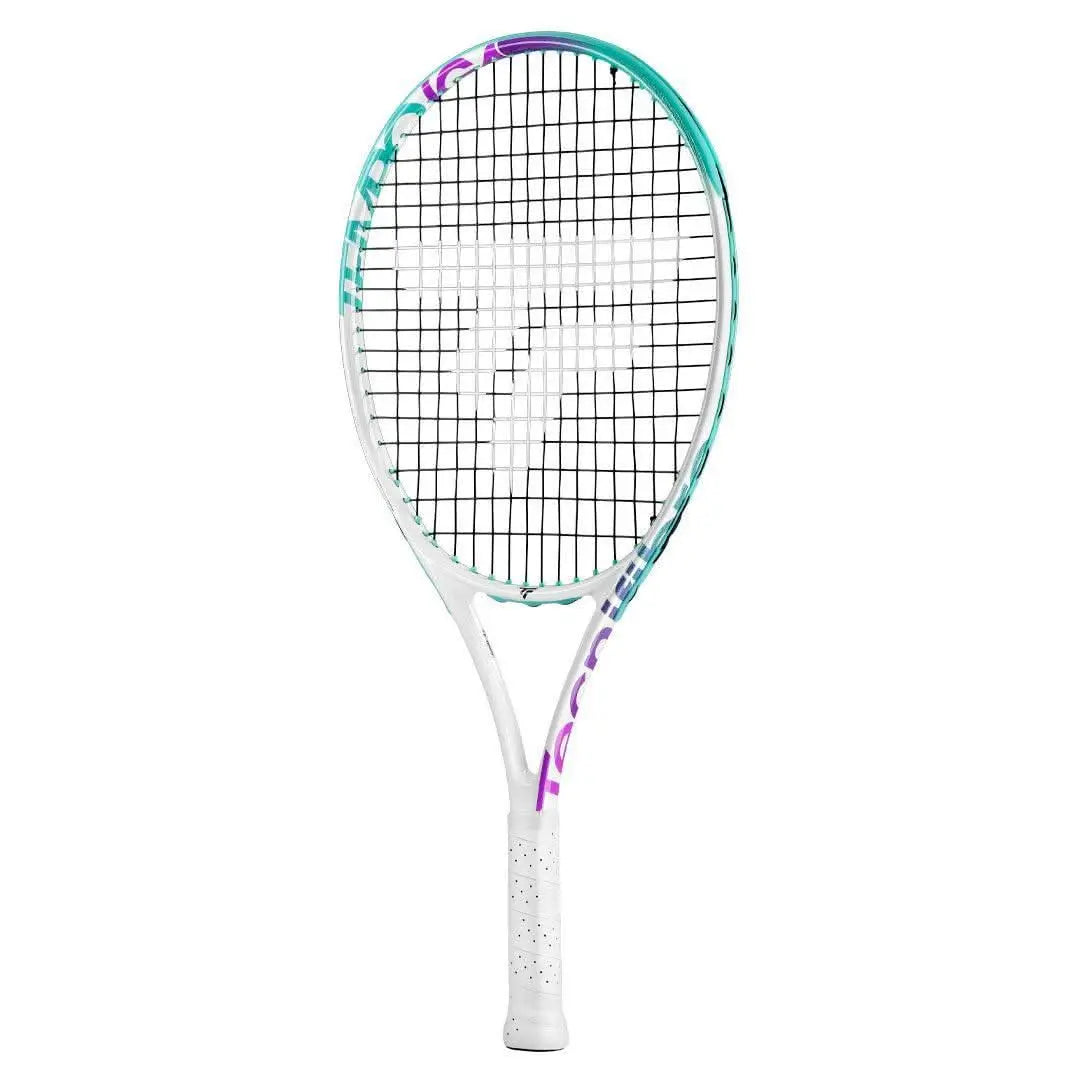 White Tecnifibre Tempo Iga 24 junior tennis racquet with teal and purple accents.