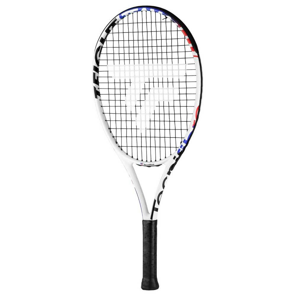 White Tecnifibre Junior Tennis Racquet TFight Team 24 with blue and red accents, black grip.
