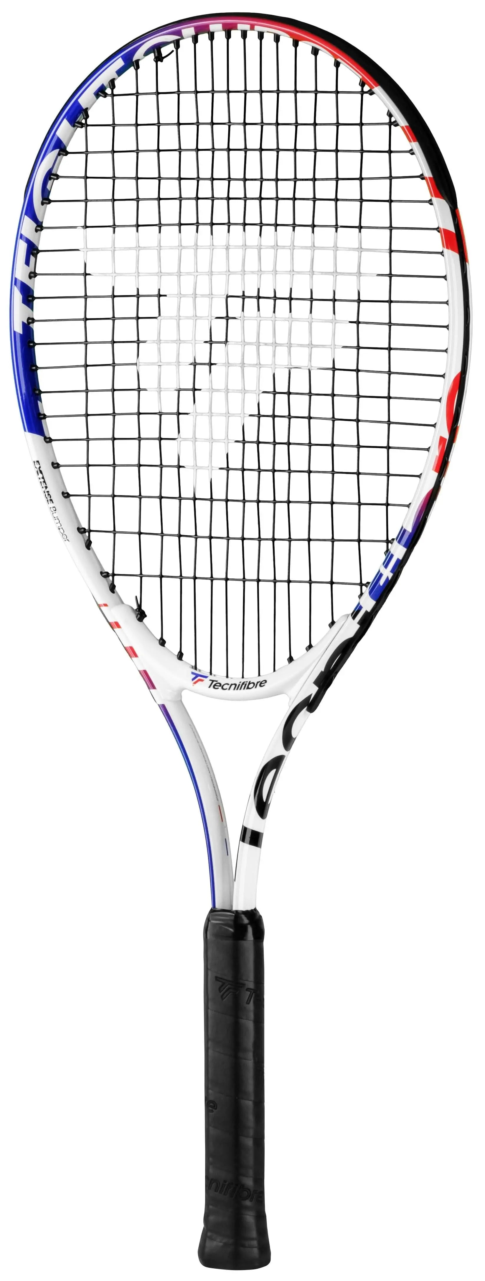 White Tecnifibre Junior TFight Team 25 tennis racquet with blue, red, and black accents.