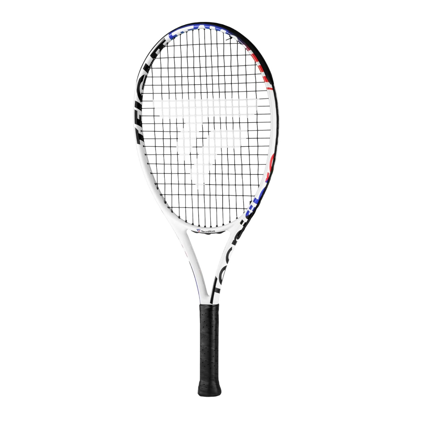 White Tecnifibre TFight Team 26 junior tennis racquet with blue and red accents, black grip.