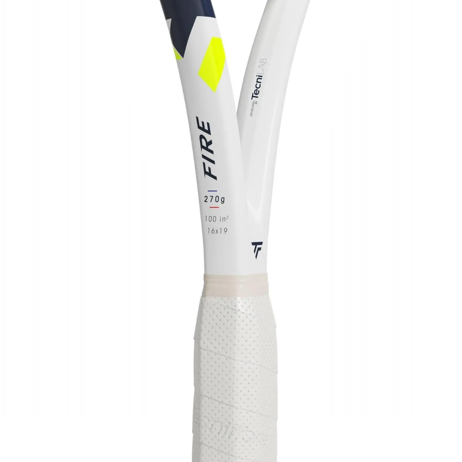 White Tecnifibre Fire 270 tennis racquet with navy, yellow accents, and a beige grip.