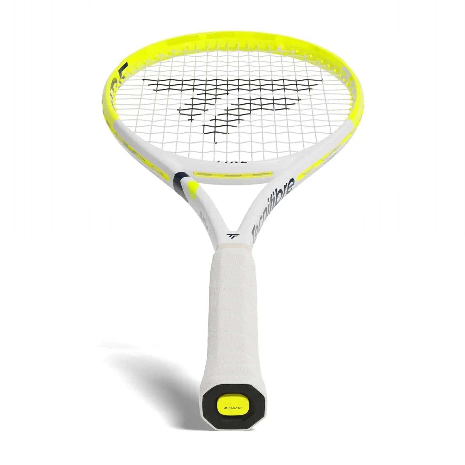 White and neon yellow Tecnifibre Fire 270 tennis racquet with white grip and black strings.
