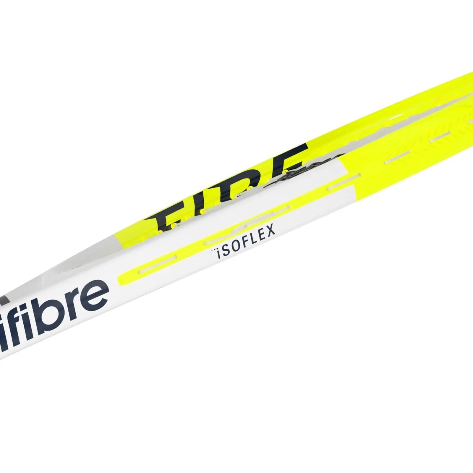 Close-up of a Tecnifibre Fire 300 tennis racquet frame, showing its neon yellow, white, and black design with "ISOFLEX" detail.