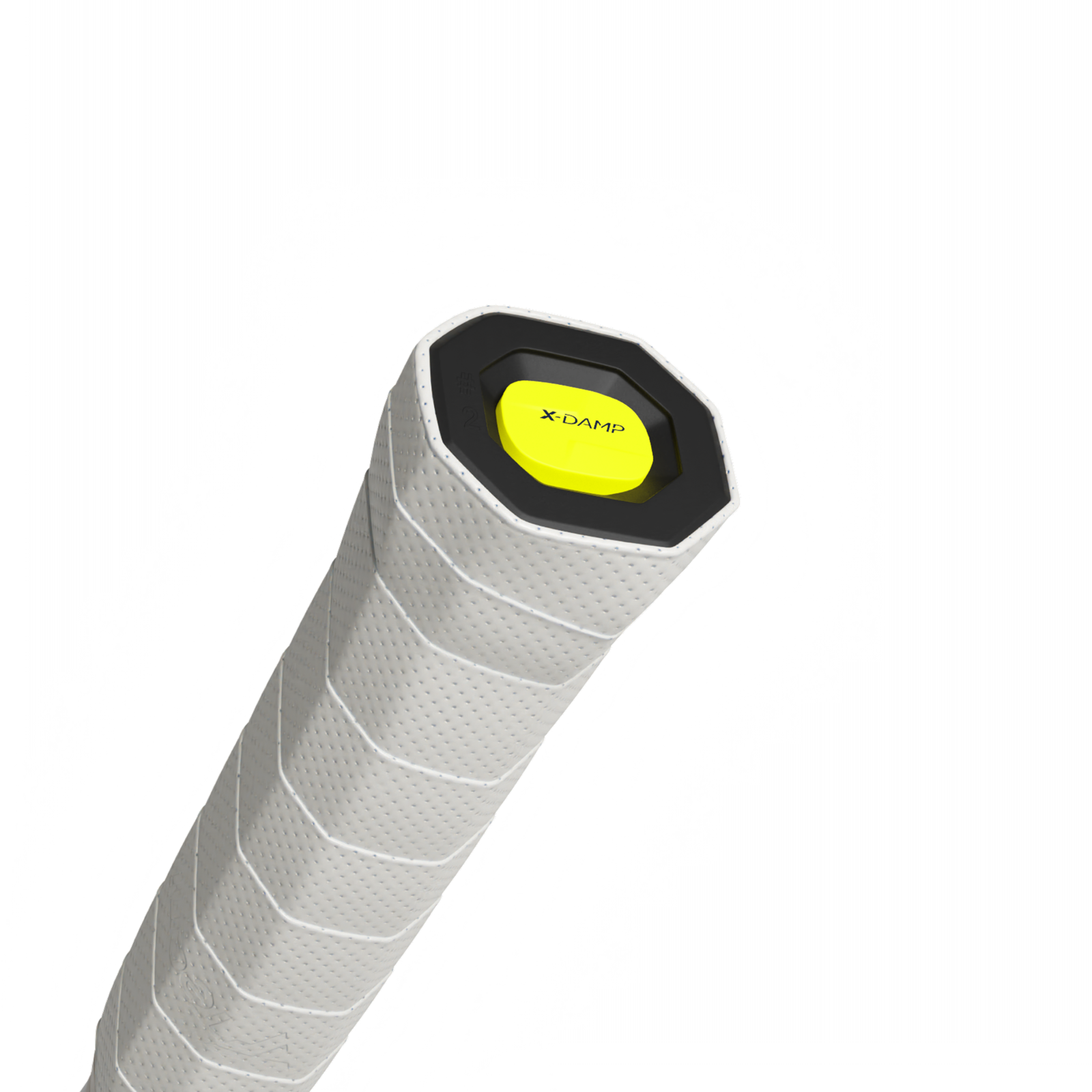 Close-up of Tecnifibre Tennis Racquet Fire 300 handle with white grip and yellow X-DAMP butt cap.