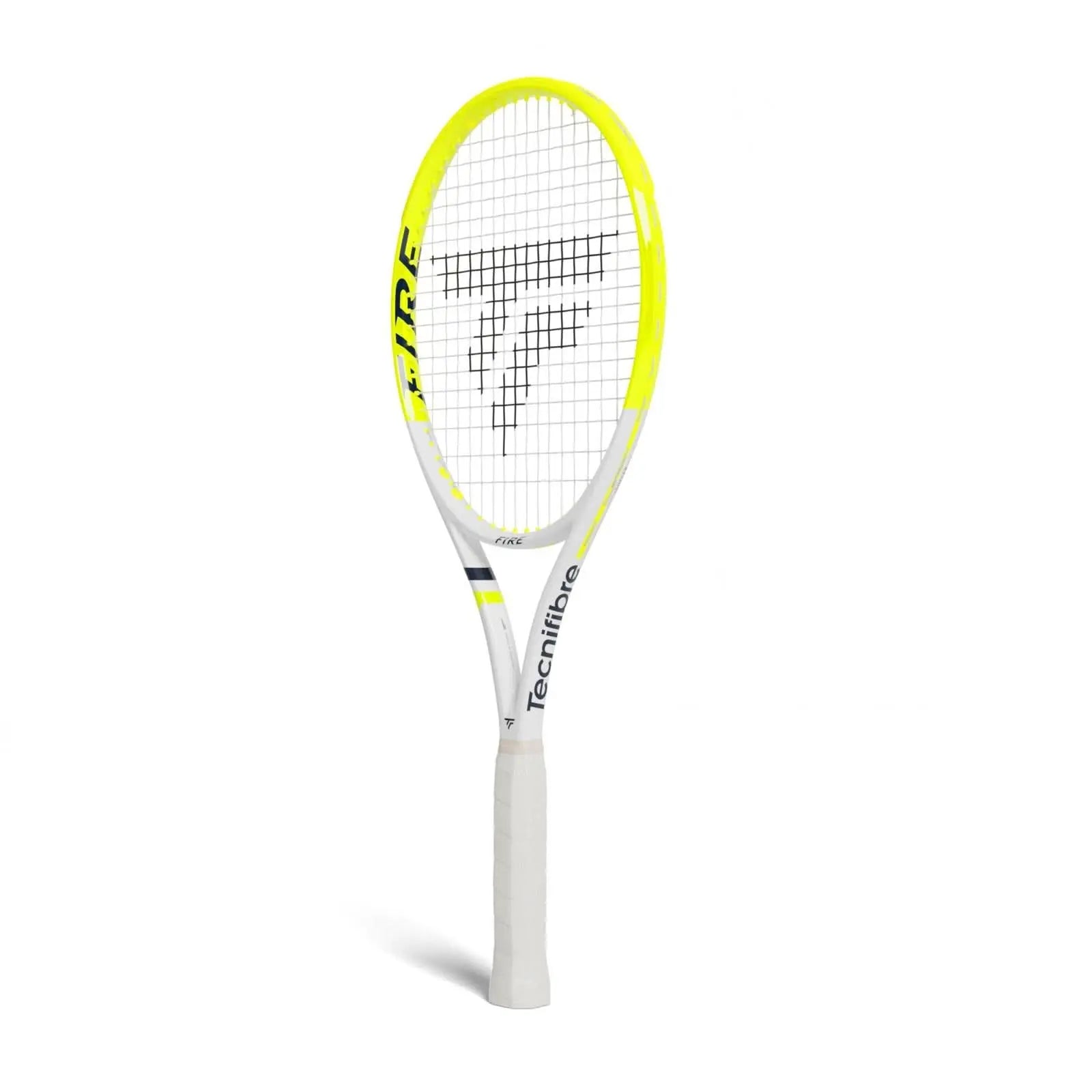Tecnifibre Tennis Racquet Fire 300, white and neon yellow, unstrung, with a white grip.