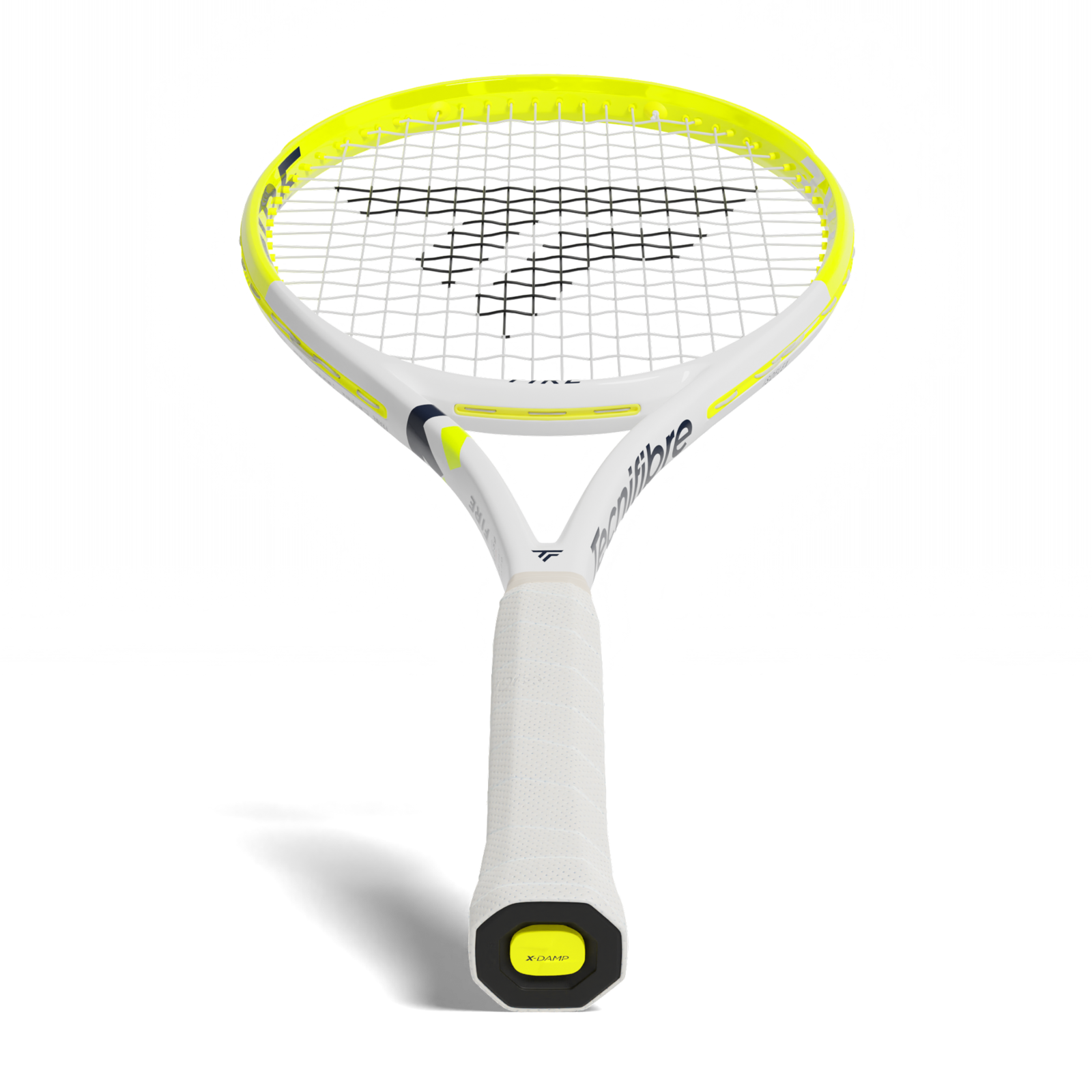 Tecnifibre Fire 305S tennis racquet, white and neon yellow, with a white grip and black strings.